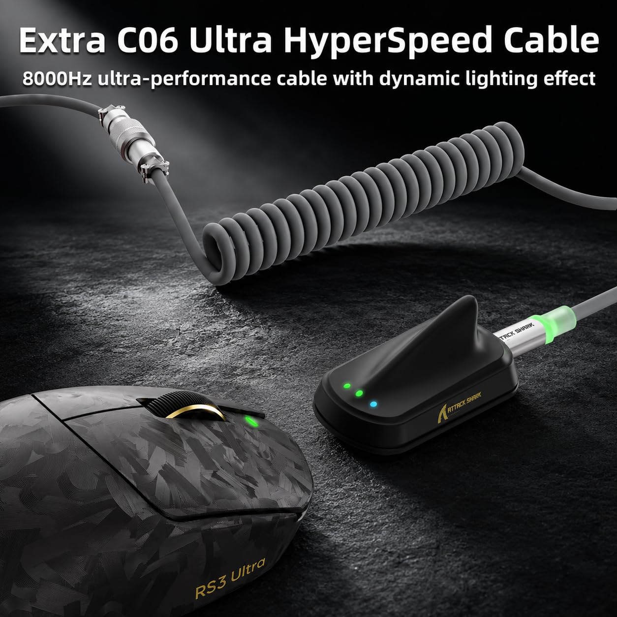 ATTACK SHARK RS3 Ultra Mysz Carbon Fiber & C06 Ultra Kabel-Czarny B | Podwójna Częstotliwość Odświeżania 8000 Hz, Sensor PAW3955MAX, MCU Nordic 54L15, Do 52 000 DPI, 20 000 FPS, Ultralekka 63g