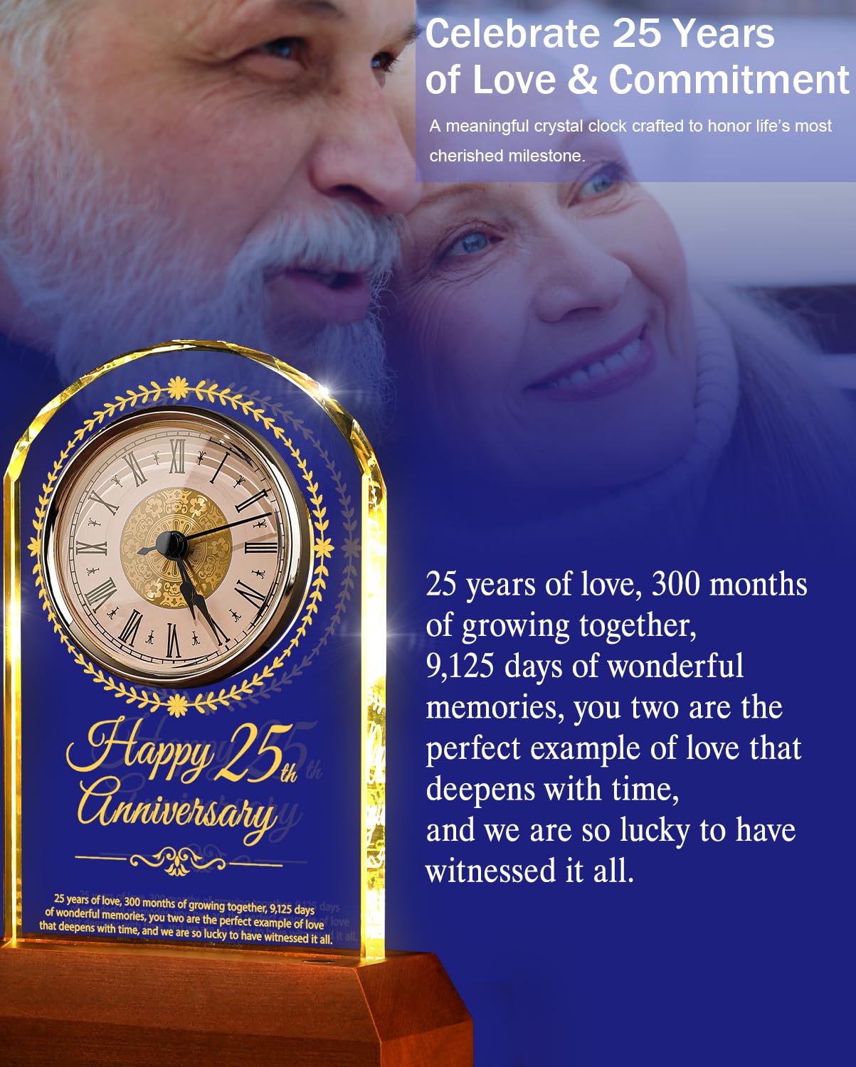 25th Wedding Anniversary Crystal Quartz Clock with Wooden Light Base,25 Years of Marriage Gift,Happy Silver Anniversary Decoration Gift,for Parents,Grandparents,Couple