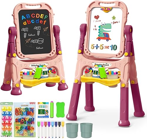 Caballete de arte para niños con tablero de dibujo magnético, caballete de doble cara con letras y números magnéticos, caballete de pie ajustable