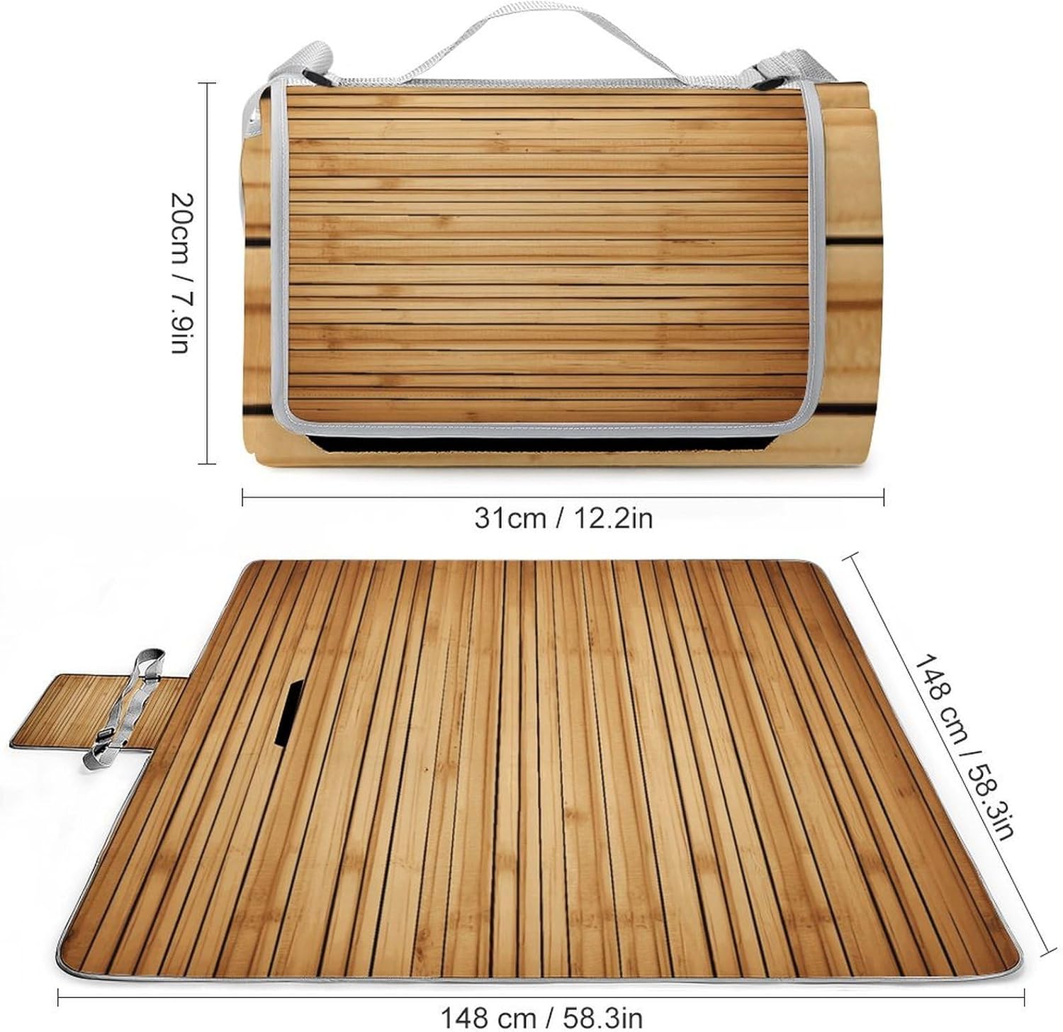 Bamboo Board Texture Waterproof Picnic Blanket 58.3''x58.3'',Portable and Foldable Picnic Mat with Handle,Outdoor Blankets for Lawn Park Beach Travel