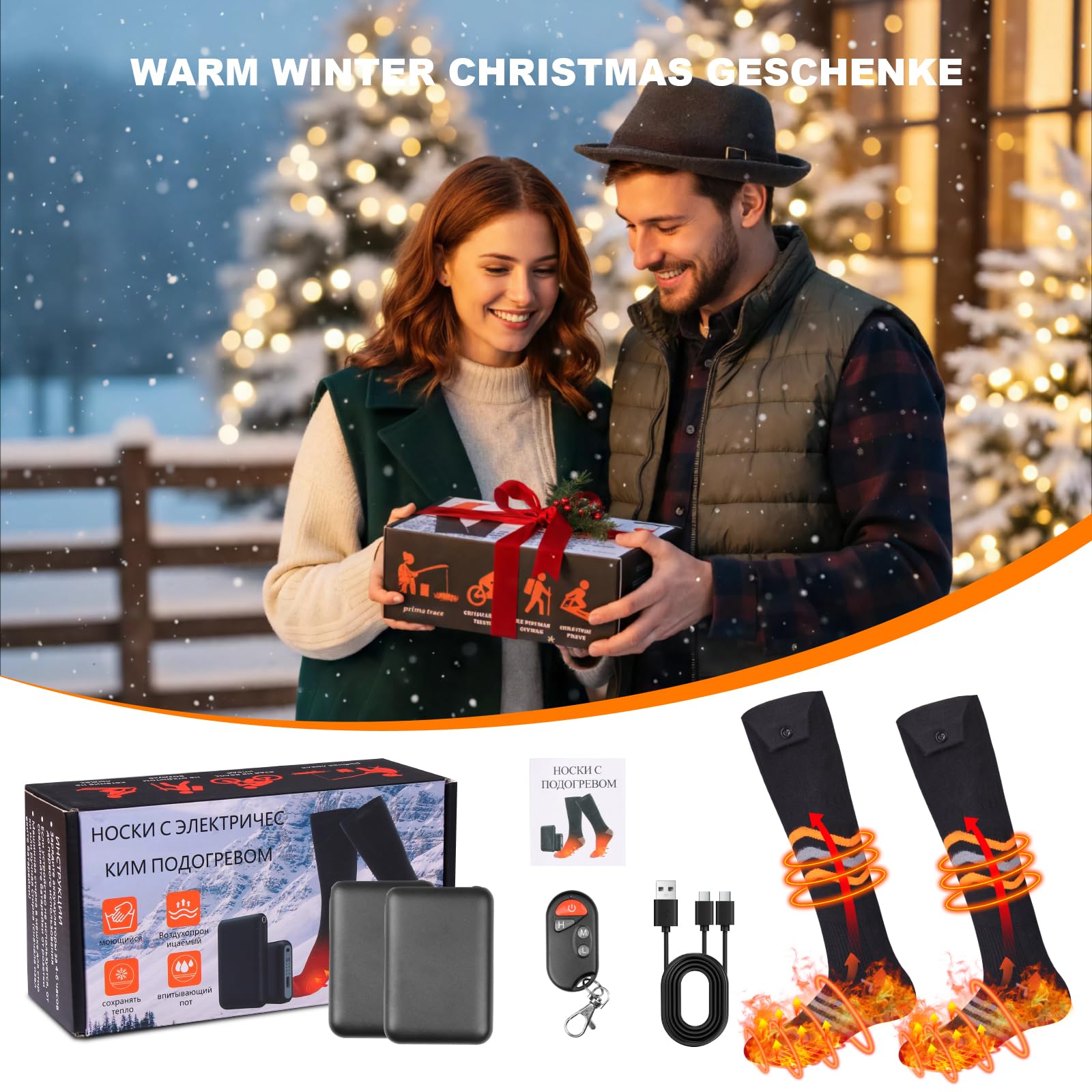 Beheizbare Socken Damen Herren 360° Heizung 5000mAh Wiederaufladbare Heizsocken Warme Socken für Vorderfuß und Füße 4 Wärmeeinstellungen für Skifahren Angeln Radfahren Camping Wandern Winter Sport