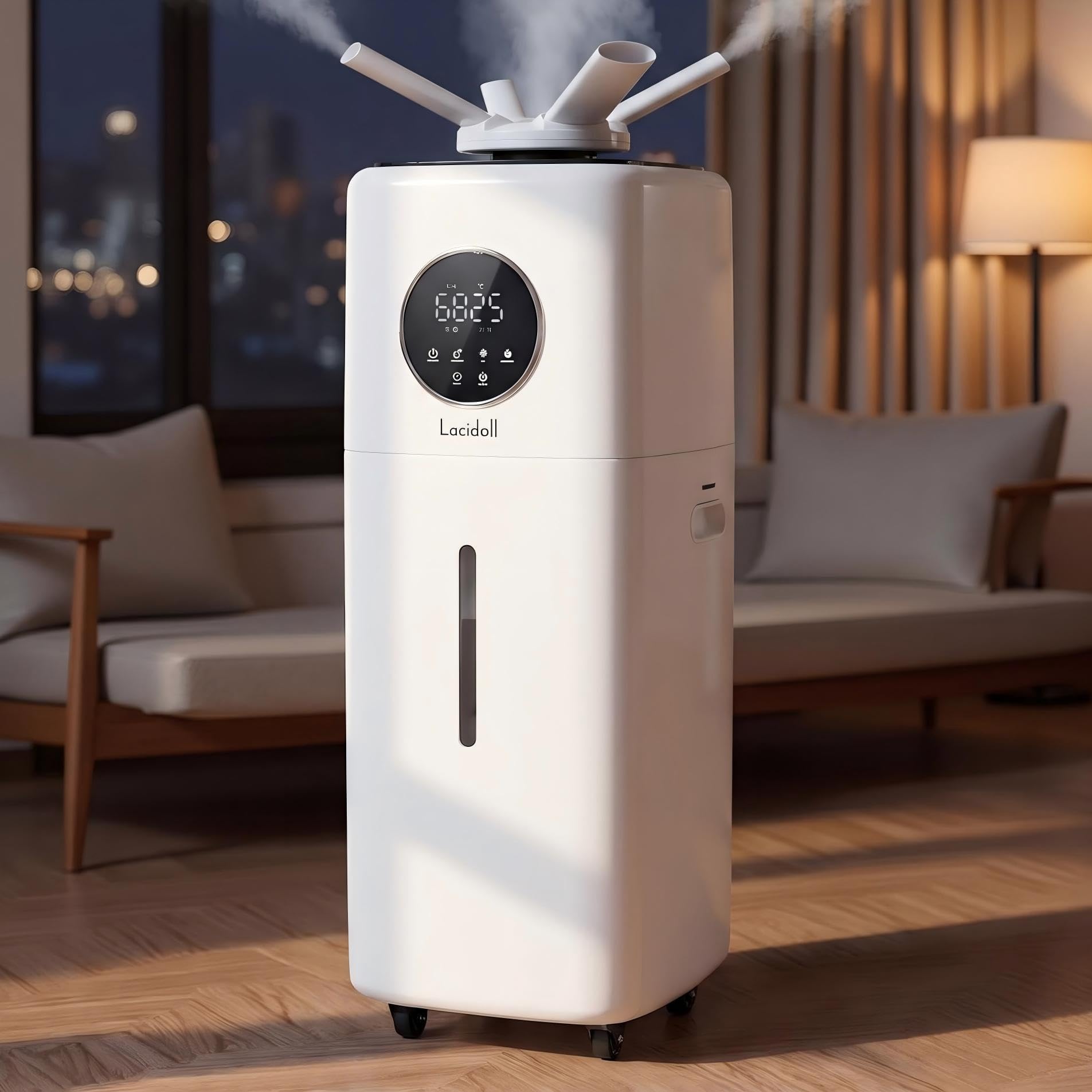 LACIDOLL 21L Whole House & Commercial Humidifier 2000 sq.ft, 5.5Gal White | Adjustable humidity, dual 360° nozzles & 3 mist speeds, leak-proof top fill cool mist, perfect for home, greenhouse & plants