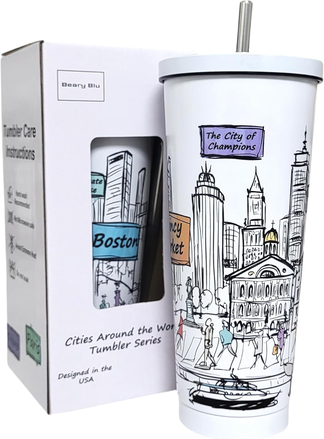 Cities Around the World 25 Oz Tumbler Series - Designed in the USA - Vacuum Insulated Tumbler with Lids & Straw - Stainless Steel Coffee Water Travel Mug, Cup for Hot Cold Drink (Boston)
