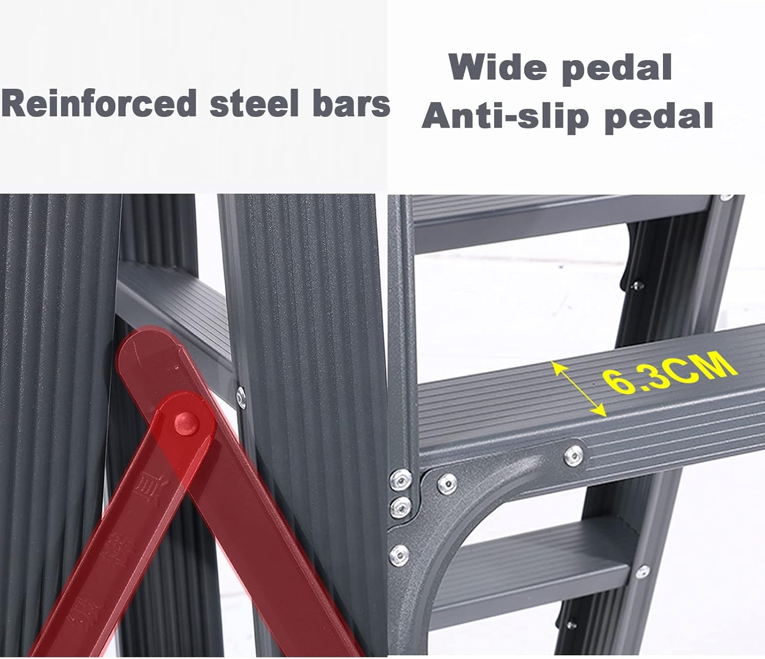 Aluminum Foldable Step Ladder U-Shaped Reinforcement Wider Top Tread Non-Slip Bottom Foot Step Stool I-Beam Reinforcement Carbon Steel Alloy Rivets Double Side Ladder