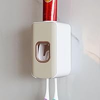 Vista 30 de Soporte para cepillos de dientes con 2 ranuras y dispensador de pasta de dientes montado en la pared, exprimidor automático de pasta de dientes