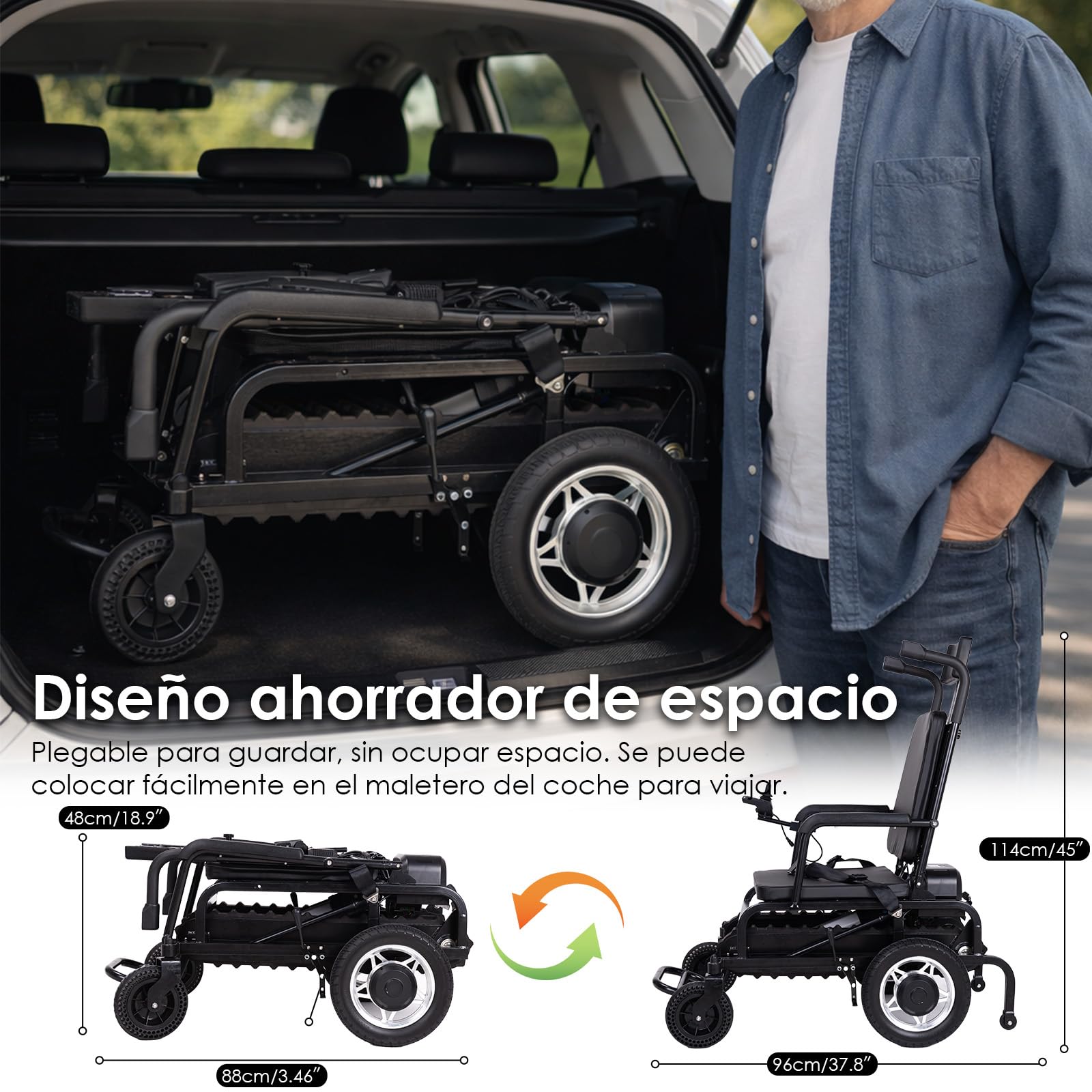 Silla Salvaescaleras Eléctrica 190kg, Batería 18Ah (50 Pisos), Plegable | Freno electromagnético activo, motor Brushless 200W, autonomía 15km, respaldo reclinable, apta para escaleras rectas