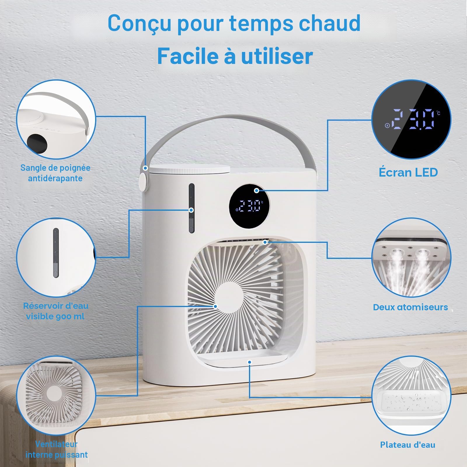 Mini Climatiseur Portable 4 en 1, Petite Clim avec Télécommande, 4 Vitesses, 1500 ml, Minuterie 1/2/3 H, 7 LED Couleur, USB, Ventilateur Brumisateur pour Chambre Coucher (Blanc-2)