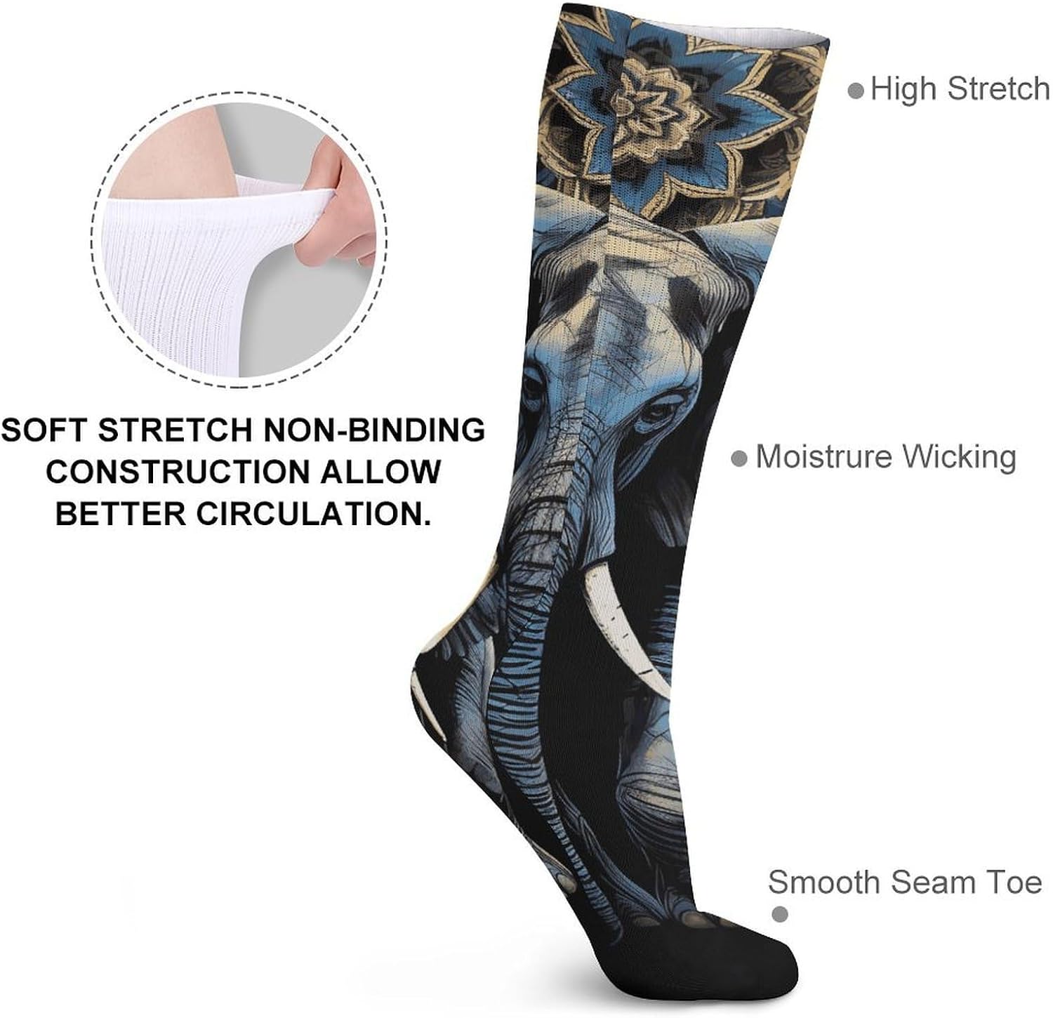 5-Pack Knee High Socks, 15.7 Inch Breathable Casual Socks Two Elephants On Black Background Stockings for Men Women