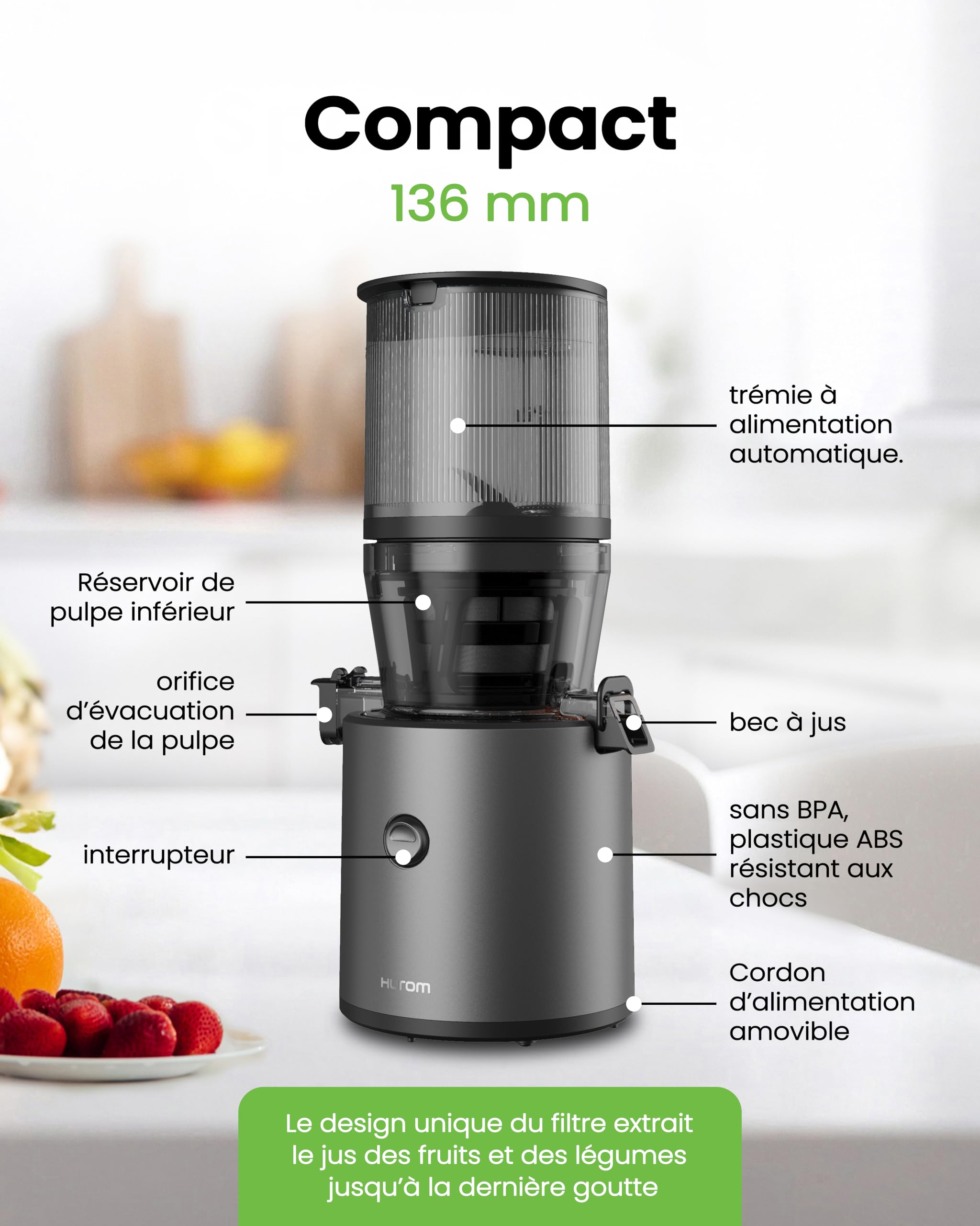 HUROM Extracteur de Jus H320N Presse à Froid 200W 2L Sans BPA Titan
