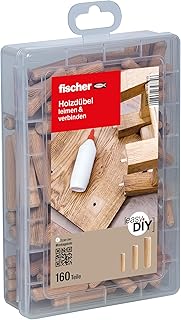 fischer easyDIY Box Holzdübel, leimen und verbinden, 160-teiliges Dübelset, 6-10 mm Durchmesser, 30-50 mm Länge, für Heimwerker, perfekt für Schubladen, Schränke und Möbelbau