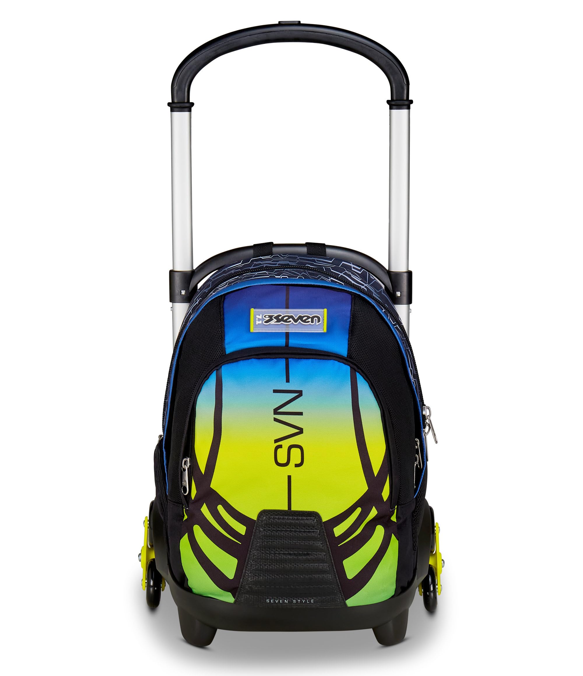 Seven Trolley Scuola Flex 3 Ruote, Blu Giallo, Zaino Con Carrello Sganciabile Da 31 Litri, Con Tasca PC, Tasca Borraccia, Multiuso, Maneggevole e Confortevole, Scuole Medie e Superiori, Ragazzo