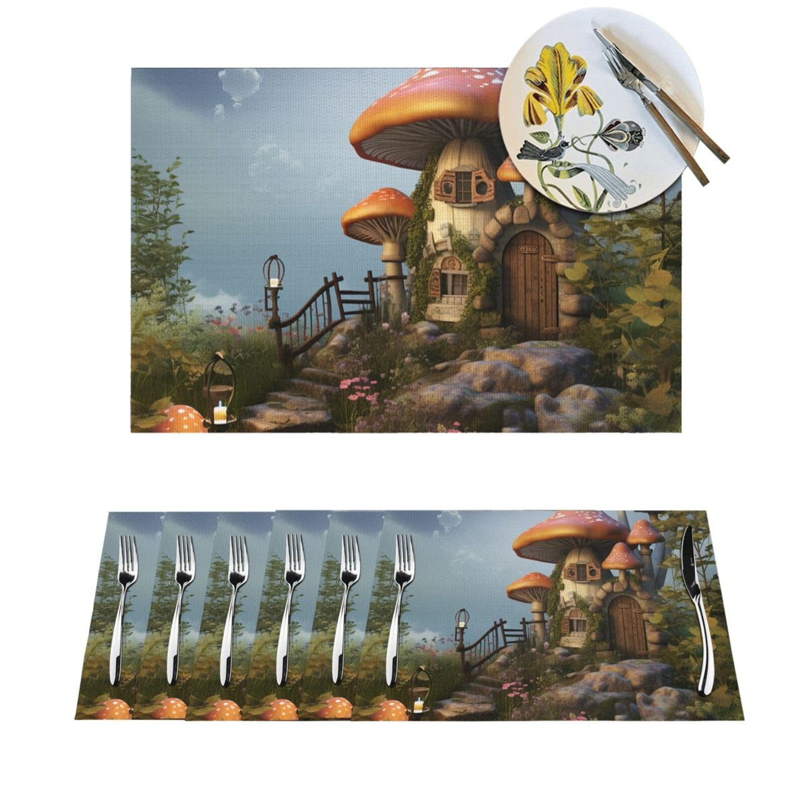 Sets de table anti-tache en PVC tissé résistant chaleur motif champignon