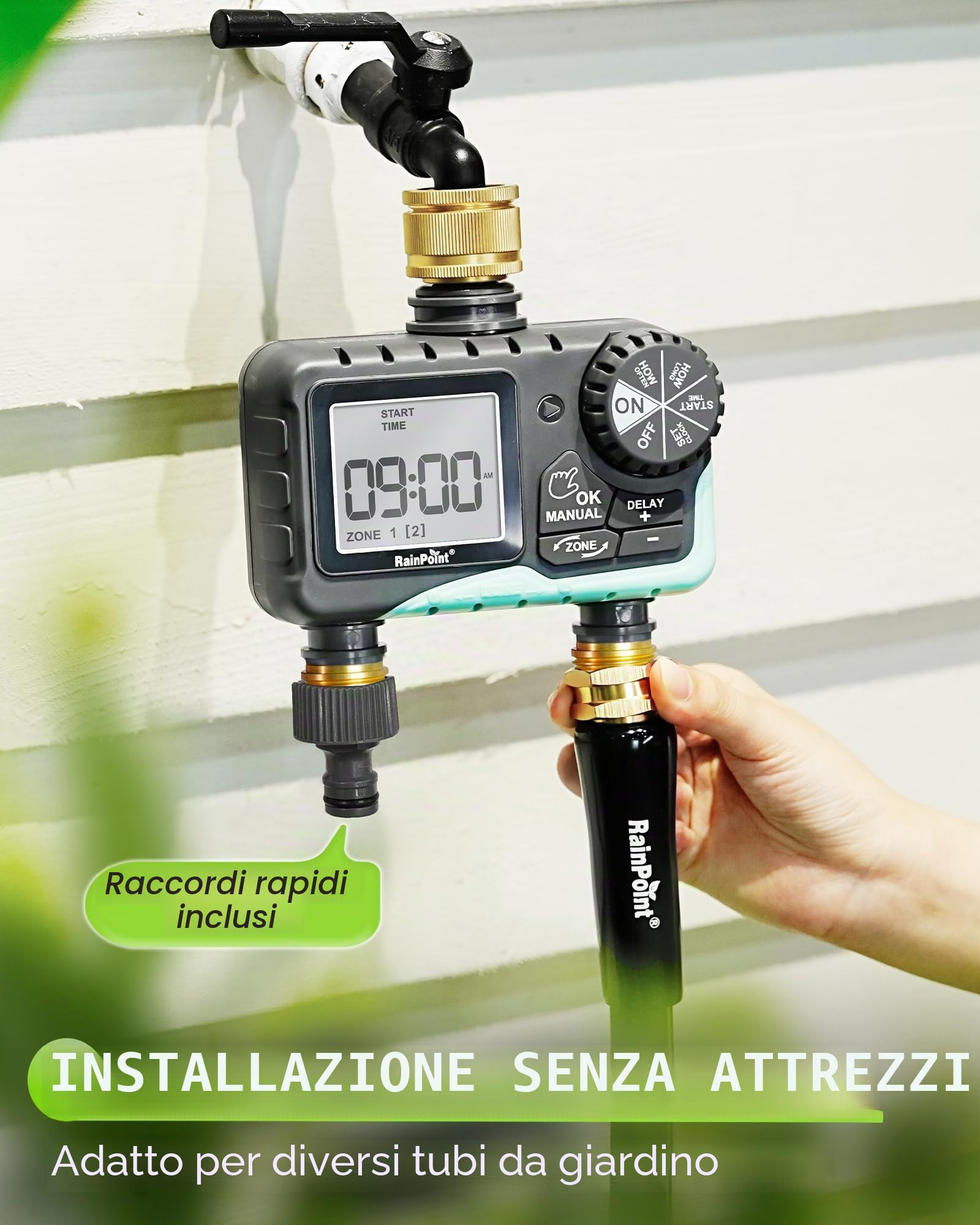 RAINPOINT Centralina Irrigazione 2 Vie, Ingresso e Uscita in Ottone, Timer Irrigazione Automatica Impermeabile IP65 con Ritardo per Pioggia/Bewässerung Manuale, per Prato e Giardino