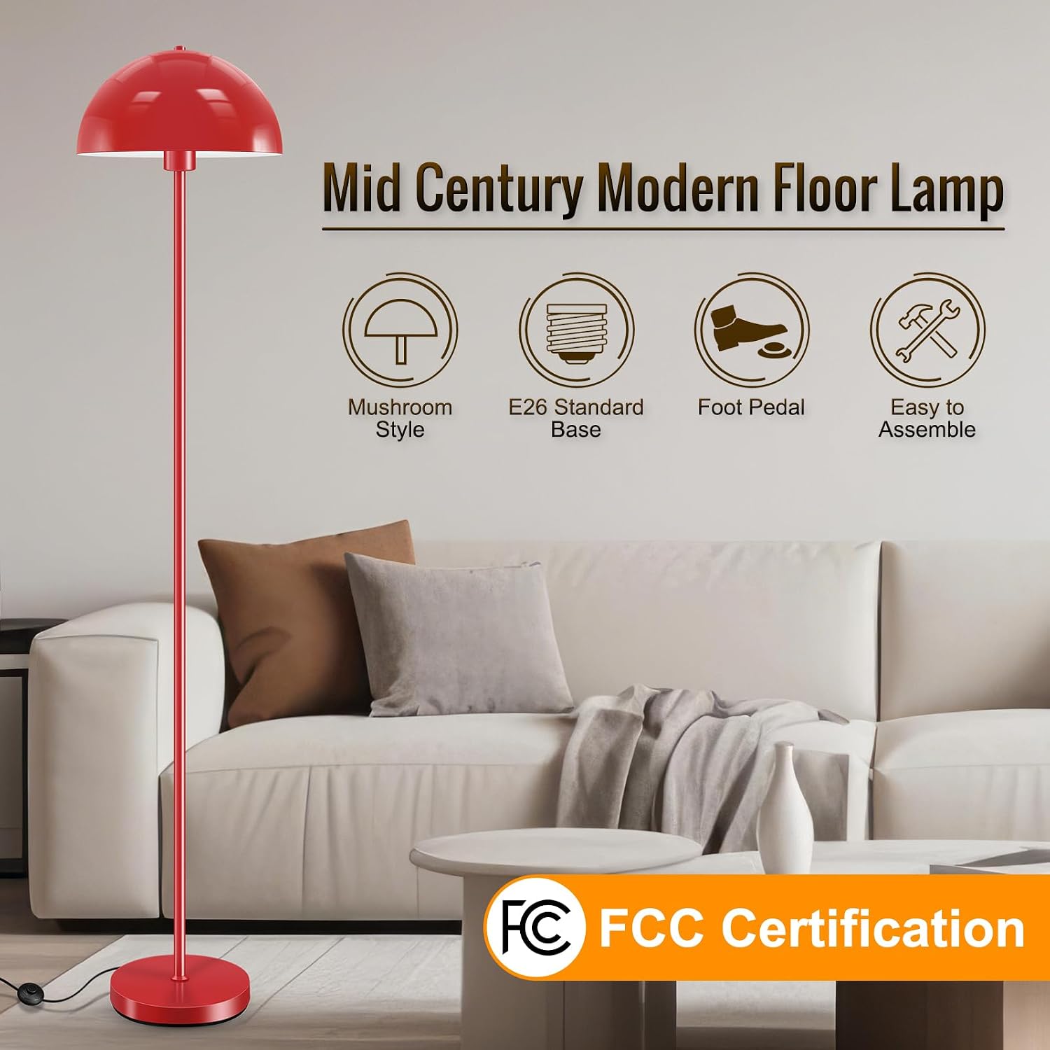 Modern Floor Lamps for Living Room, Red Metal Mushroom Lamp, 66" Tall Corner Lamp, Footswitch, Bright Industrial Standing Lamps for Bedroom Nursery, Mid Century Modern Home Decor(E26 Base, NO BULB)
