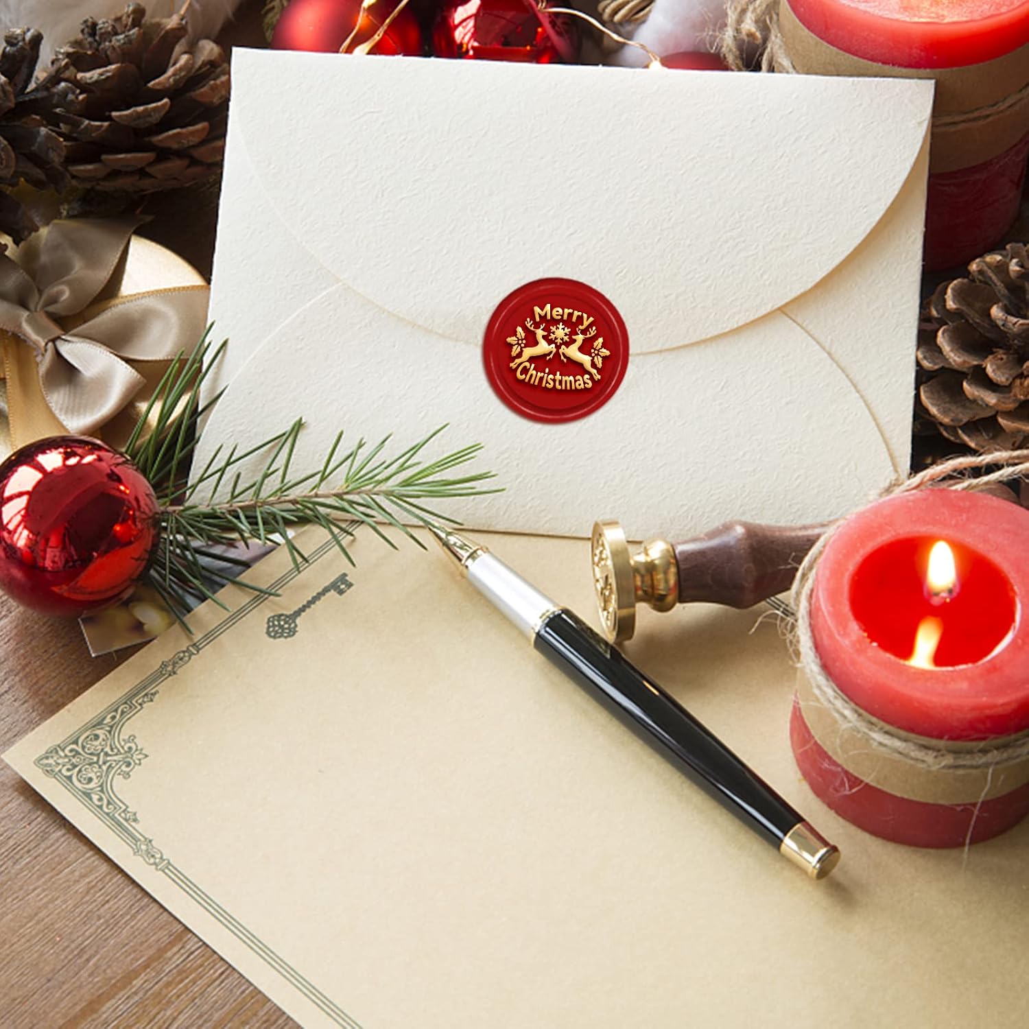 CRASPIRE Merry Christmas Wax Seal Stamp Elk Snowflake Sealing Wax Stamps Xmas Holly 30mm Retro Vintage Removable Brass Stamp Head with Wood Handle for Wedding Invitation Xmas Thanksgiving Gift Packing - Image 4
