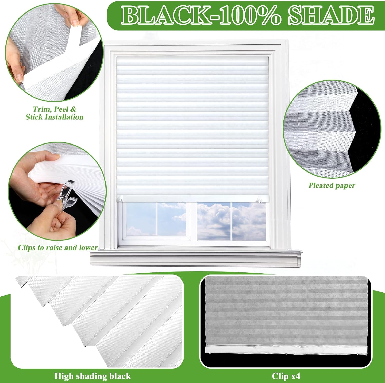 4 Pcs 48 x 110 Inches Temporary Blinds for Indoor Windows Blackout No Tools Cut to Size Fabric Paper Pleated Shades Adhesive Privacy Blinds for French Door Sliding Door Light Filtering(White)