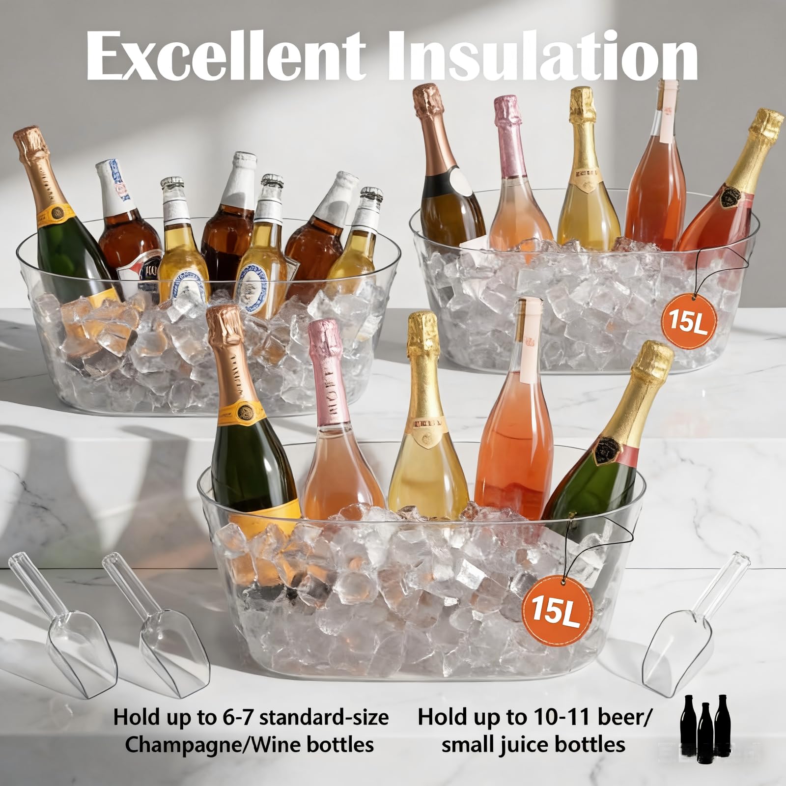 Eiskübel für Partys, 4 Packungen, 15 l großer Eiskübel mit 4 Schaufeln, transparenter Acryl-Kunststoffwanne für Zuhause, Büro, Kühlschrank, Zubehör für Champagner, Bier, Cocktail auf Mimose, Bar