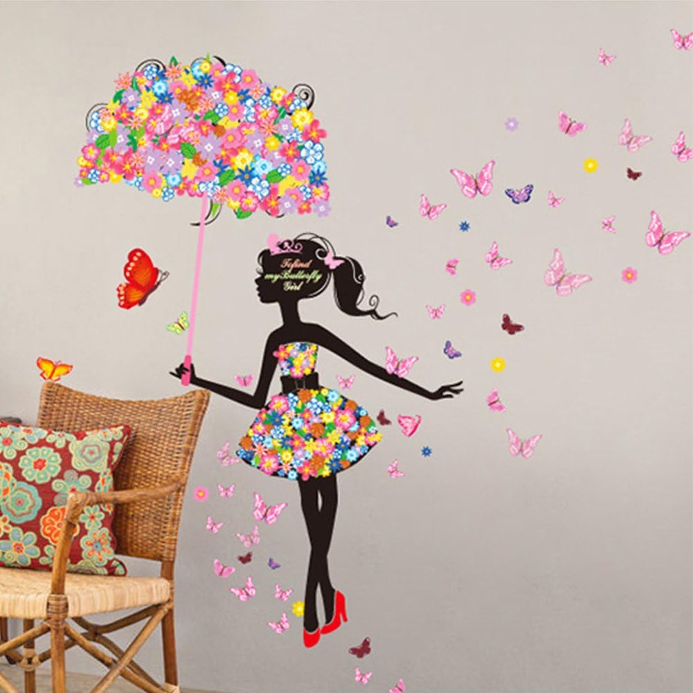 Flower Girl Umbrella Wall Stickers Art Decal Vinyl Wall Decals Home Decor Mural Wall Post for Bedroom Living Room