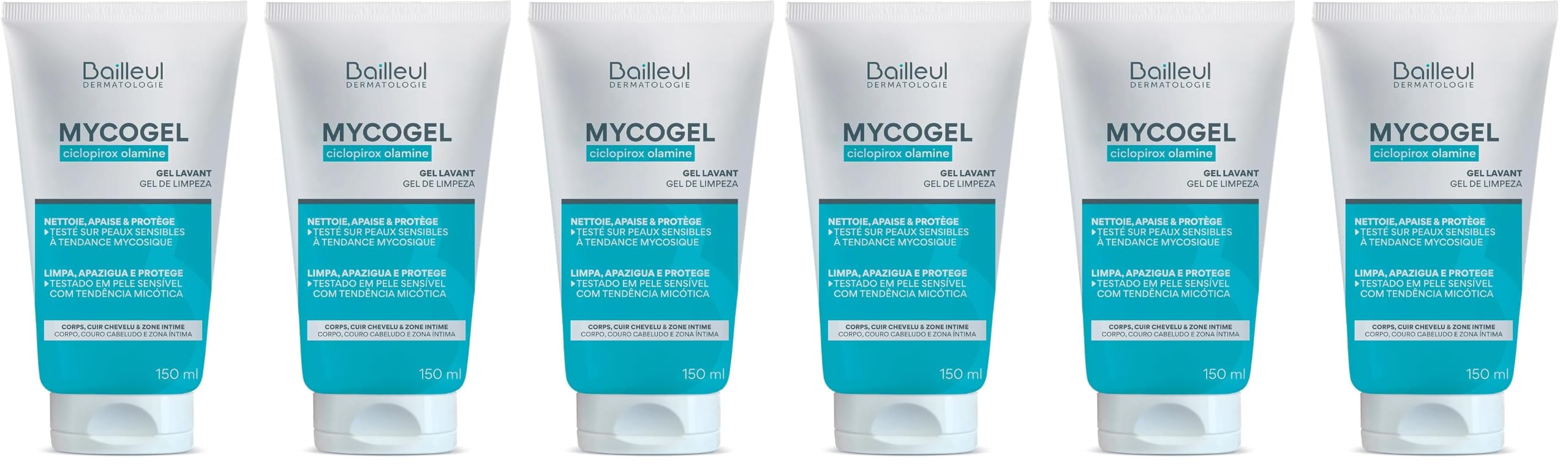 Bailleul | Mycogel | Gel lavant contre les mycoses cutanées | Nettoie, Apaise et Protège | Peaux et muqueuses génitales sensibles à tendance mycosique | Vegan | Lot de 6 x 150 ml
