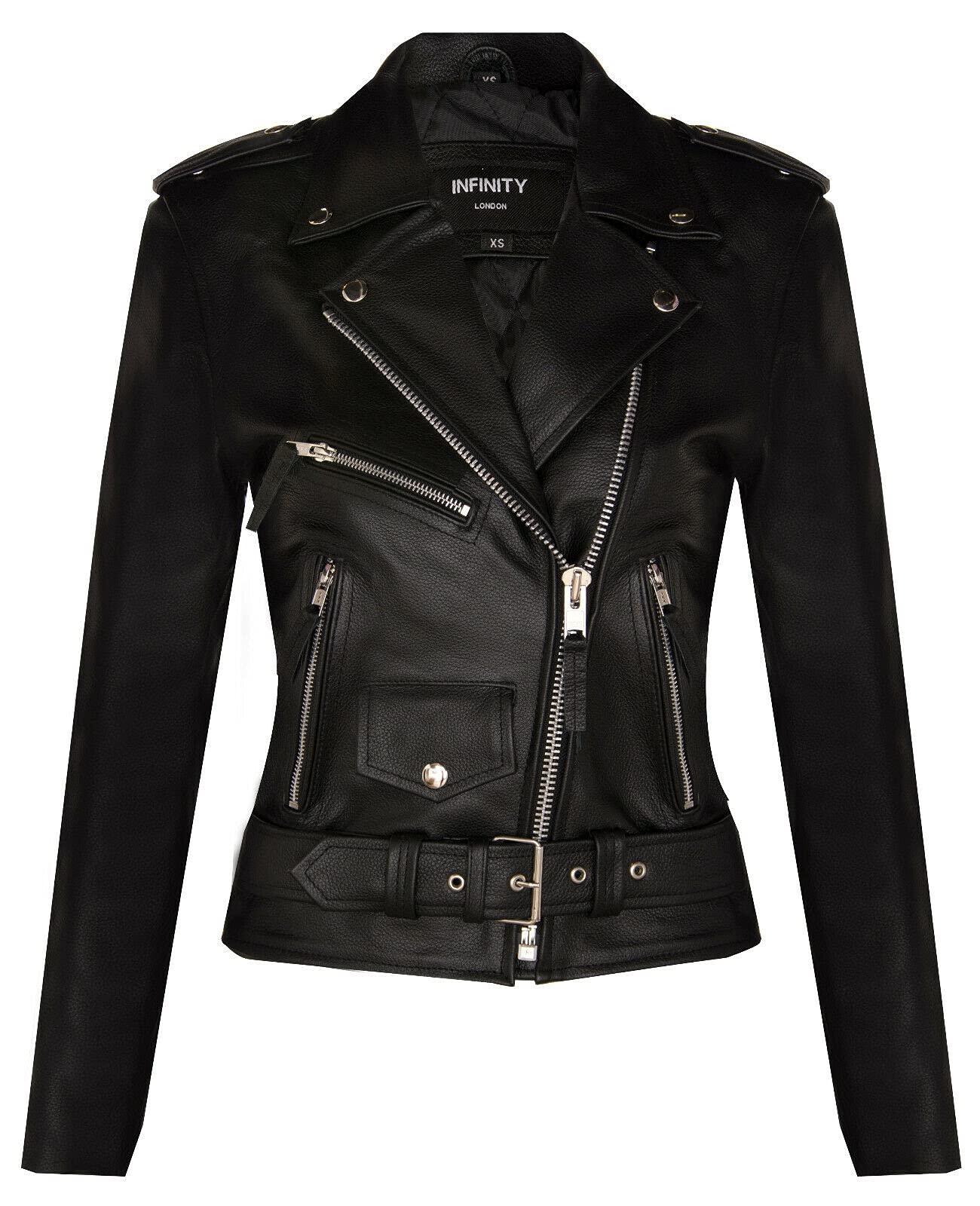 Women's Classic Black Brando Real Cow Hide Leather Biker Motorcycle Jacket 4XL
