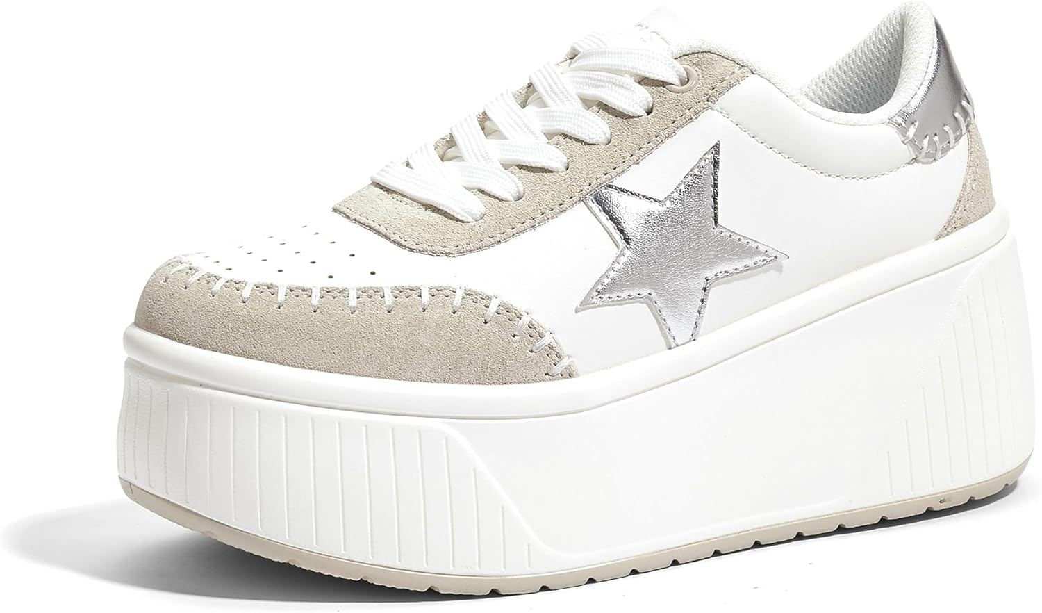 LUCKY STEP Women's Platform Chunky Sneakers Fashion Star Glitter Sparkly Wedge Walking Shoes High Heel Casual Shiny Thick Sole Footwear