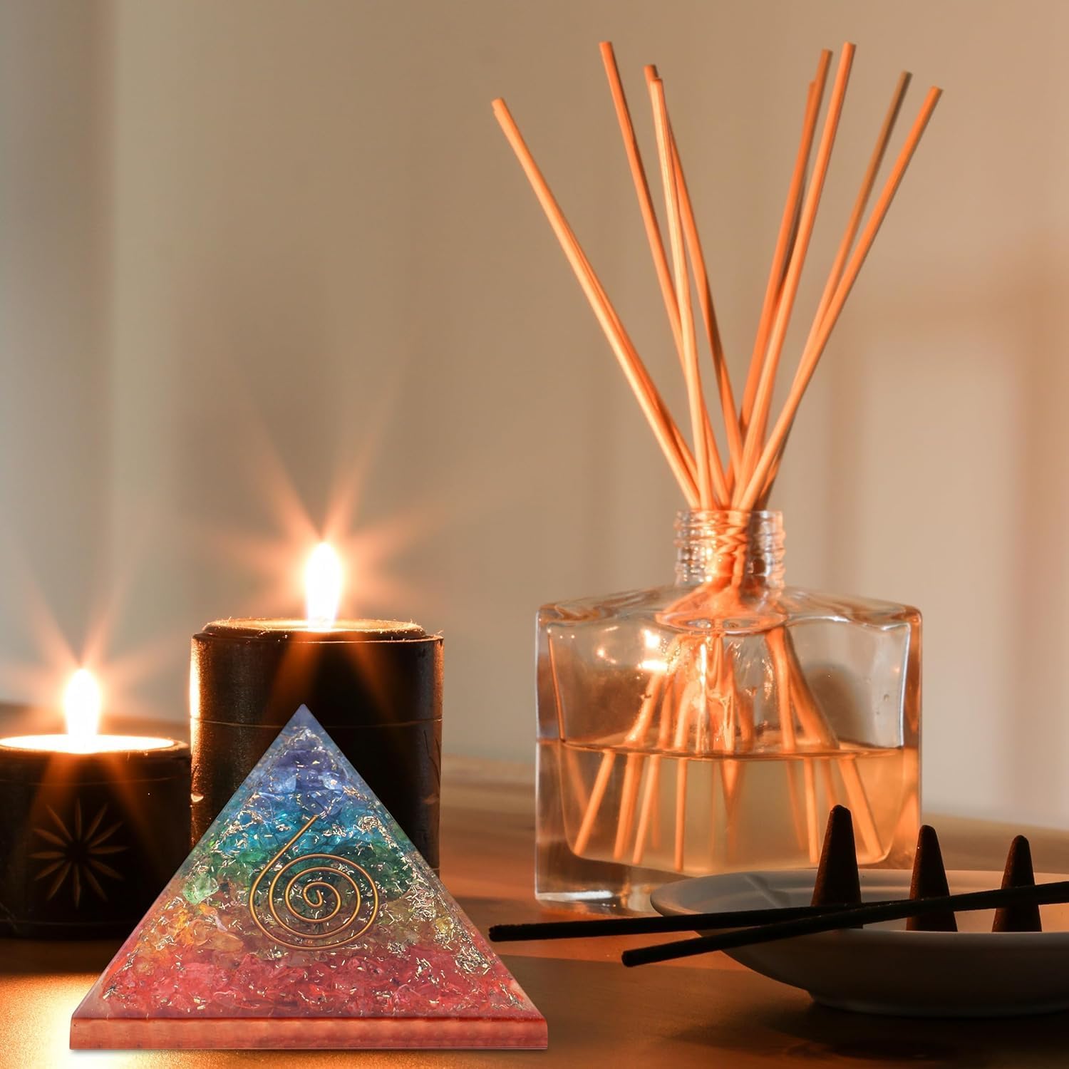 7 Chakra Orgone Pyramid with Chakra & Black Tourmaline Pendant I Spiritual Décor for Meditation with Copper Coil & Real Crystals I Crystal Stone for Energy Balance, Mental Clarity & Focus