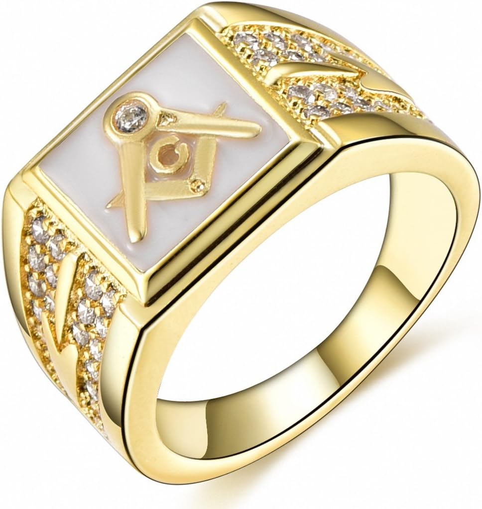 18K Gold Plate Men's Masonic White Lodge Mason Crystal Freemason Rings Sz 8-15