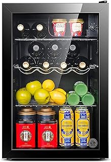 Refroidisseur à Boissons/Petit Réfrigérateur à Vin, Mini Réfrigérateur Congélateur Compact, 39Db, Congelé + Réfrigéré, Éclairage LED, Porte en Verre Cadre Noir - Salon, Mini Bar, Cave À Vin