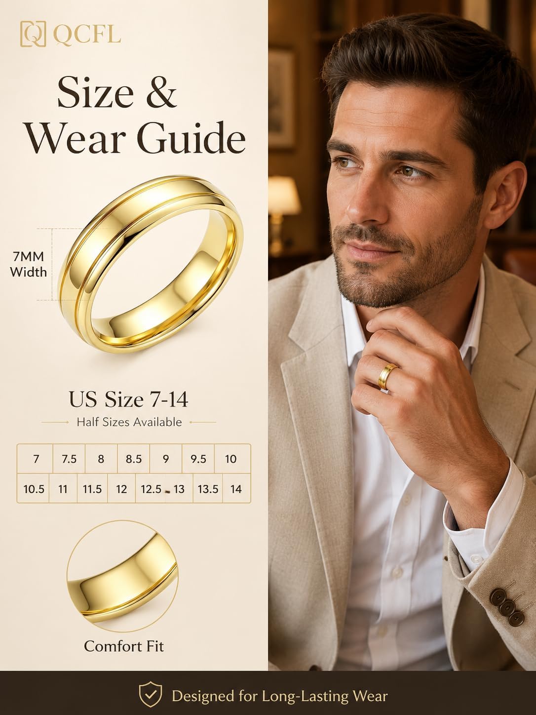 14K Gold Rings for Men, 7MM Wedding Bands, Men's Gold Ring Size 7-14