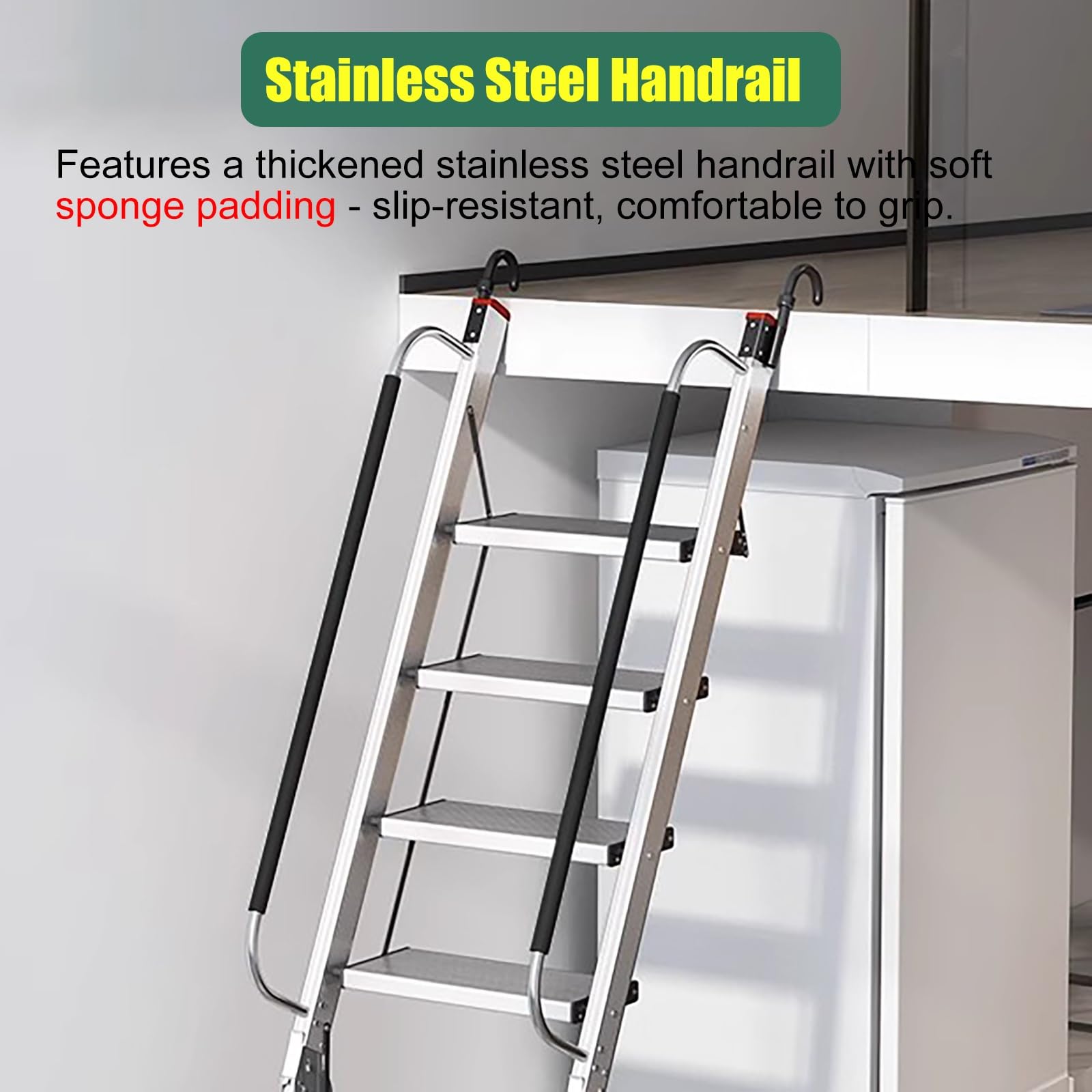 Escalera de escape plegable portátil con peldaños antideslizantes y barra de agarre para ventana, ático, techo y seguridad de almacén industrial
