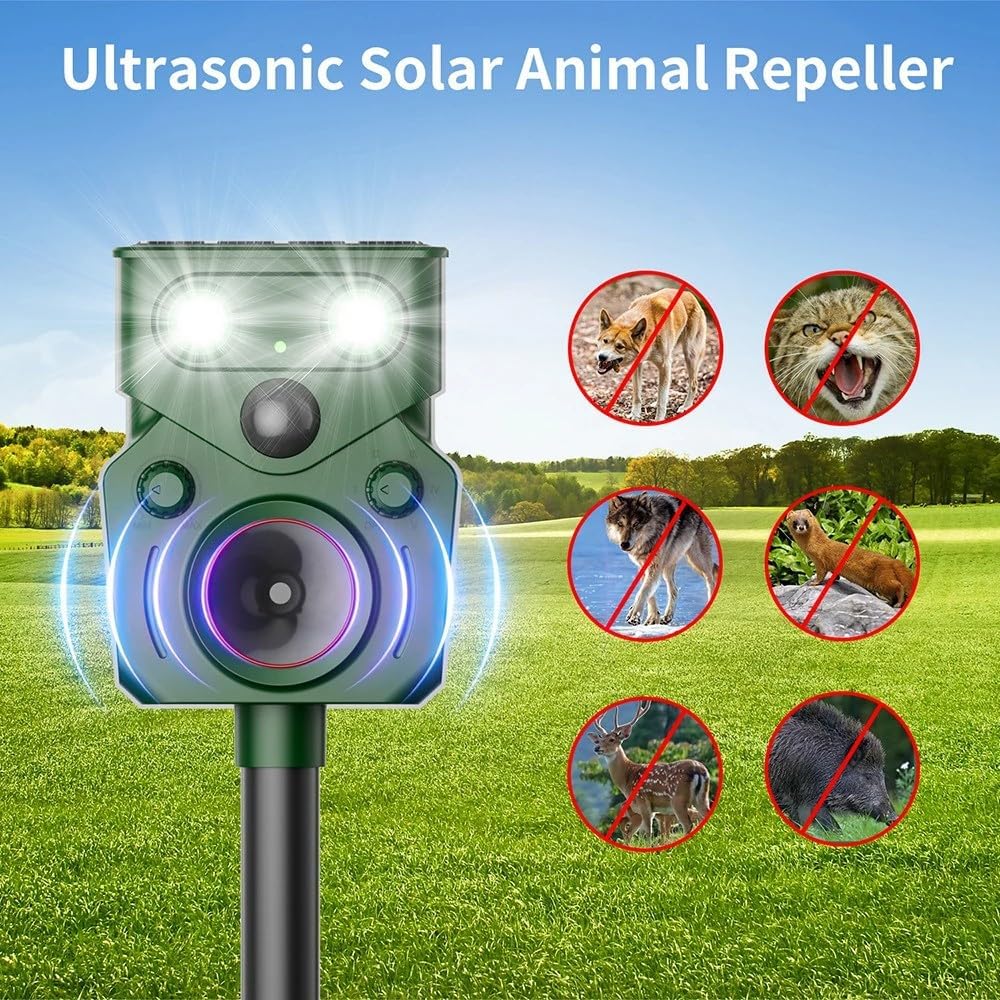 2026 New Solar Ultrasonic Animal Repellent for Yard IP65, Animal Repeller, Ultrasonic Cat Repellent Outdoor Motion Sensor, Motion Sensor & Flashing Light, Repel Dogs, Deer Repellent, Raccoon, Rabbit