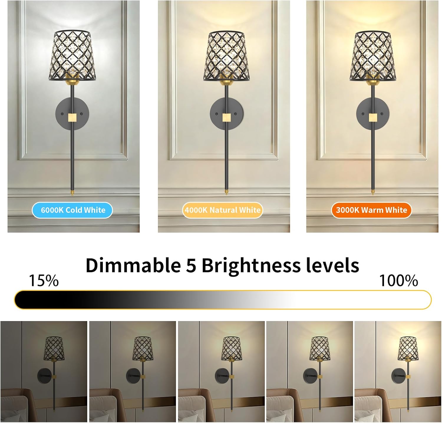Crystal Battery Operated Wall Sconces Set of 2, Black and Gold Rechargeable Wireless Wall Sconce Lights for Home Decor, Dimmable 12 RGB and 3CCT Wall Lamps with Remote for Living Room Bedroom Hallway