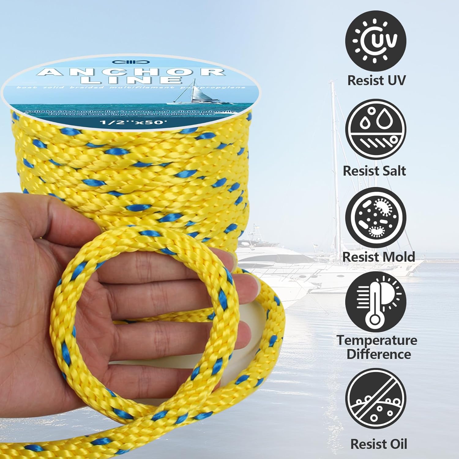 Anchor Rope 50 Ft x 1/2 Inch Premium Solid Braid MFP Anchor Line with 316 Stainless Steel Thimble and Heavy Duty Shackle Marine Boat Rope - Light Yellow/Blue