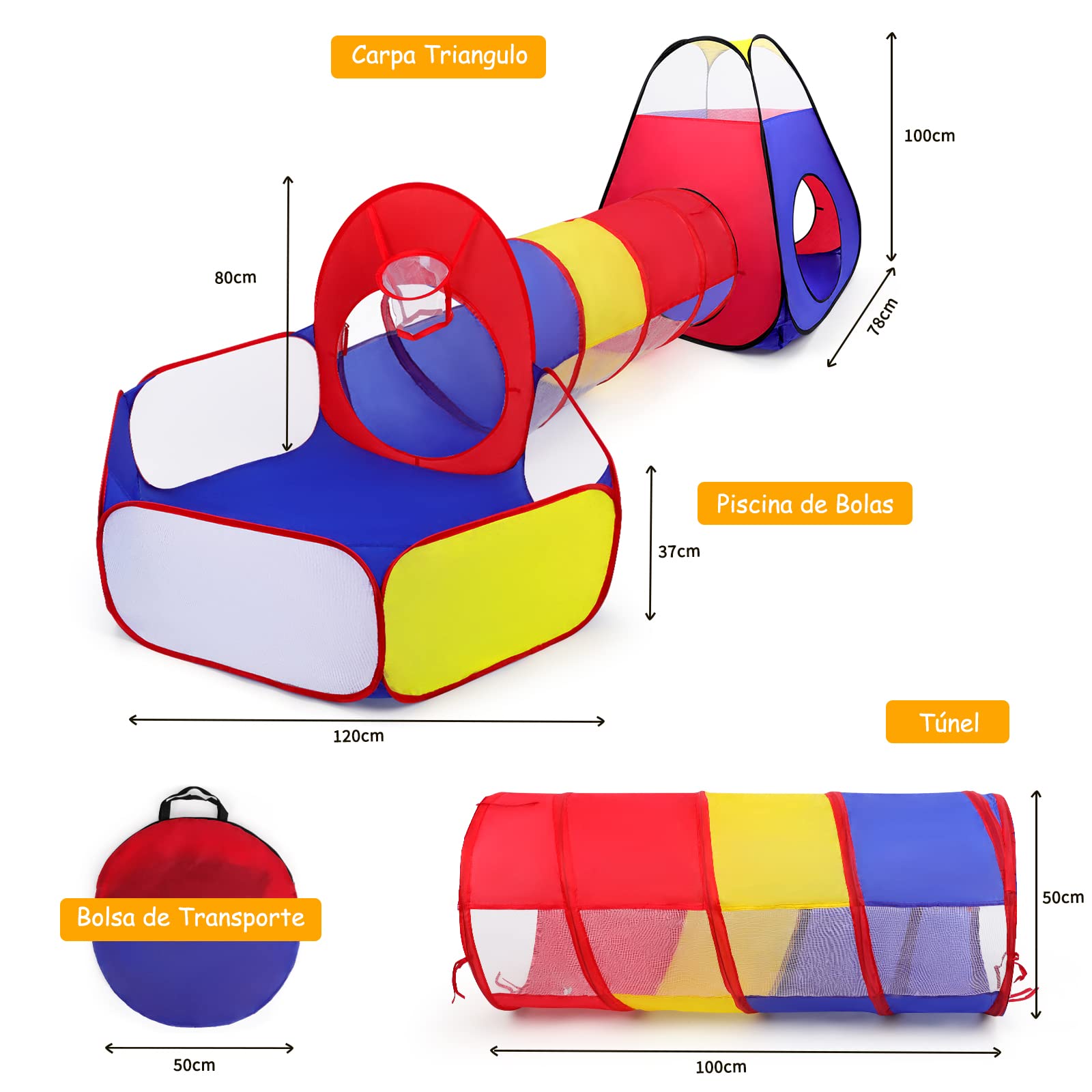 Tienda Campaña Infantil + Piscina de Bolas + Túnel Plegable 3 en 1 Pop Up, Opret Parque de Bolas Exterior o Interior, Juego de Regalo para Niños (No Incluye Las Bolas)