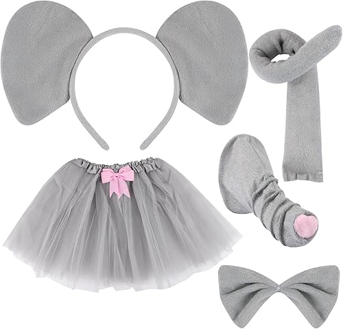 Juego de 5 piezas de disfraz de elefante, orejas de elefante, diadema para la nariz, cola de lazo, falda tutú, kit de disfraz de animal, accesorios