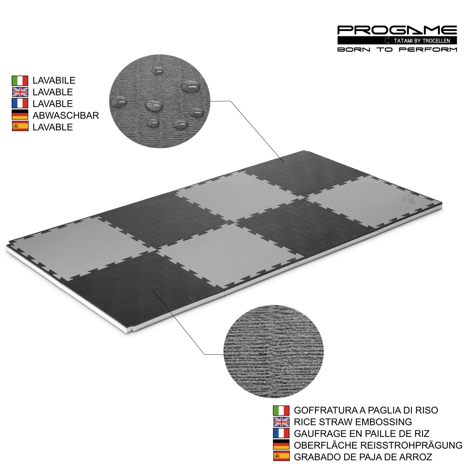 ProGame Kit 8 Pezzi Tatami Palestra 3.5 cm GYM-Home Nero/Grigio 50x50 cm Tatami Puzzle Componibile - Made in Italy
