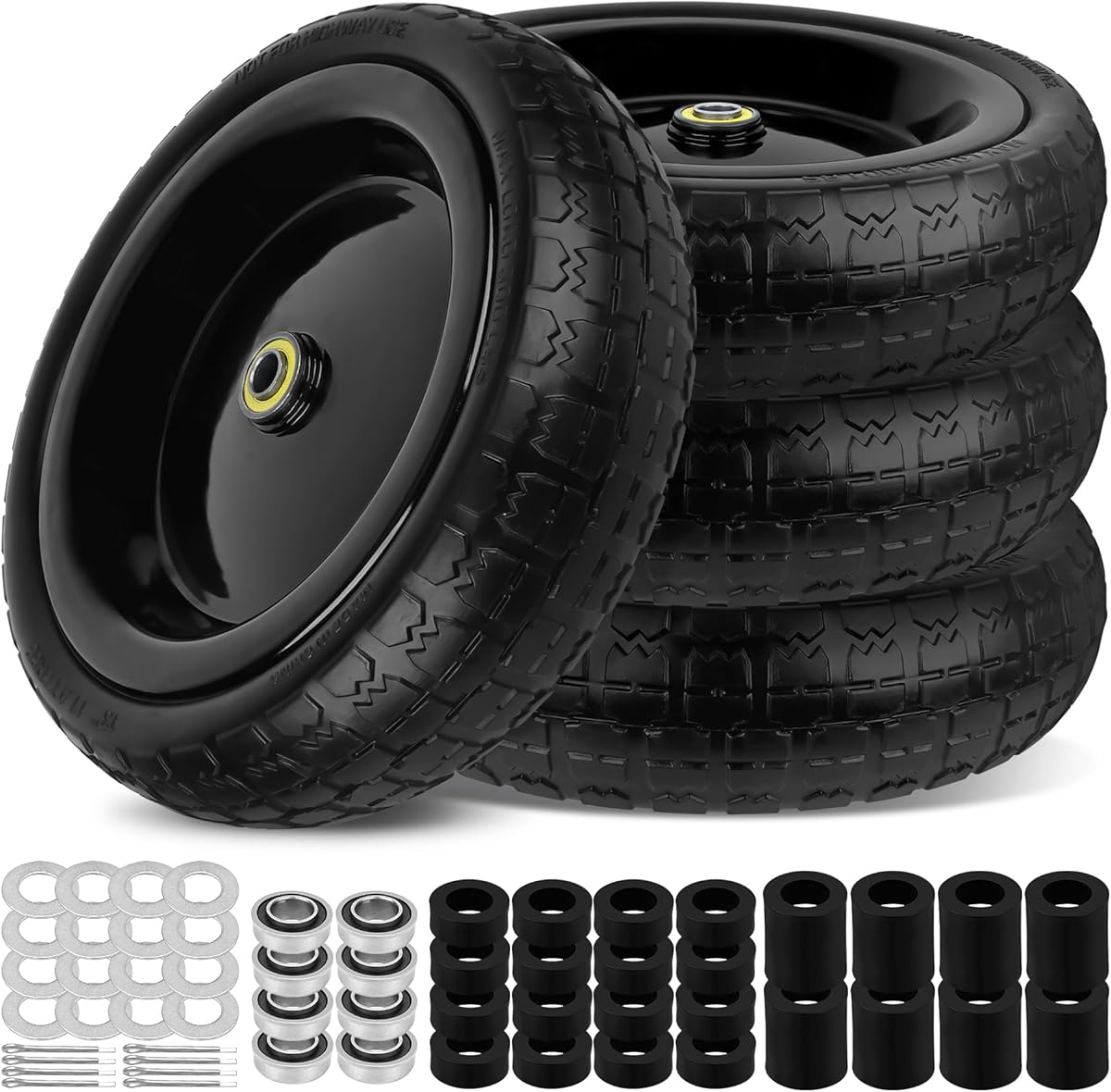 13 Inch Flat Free Wheels Tires 4.00-6 Solid Replacement with Universal 5/8" Axle Bore Hole, 16 Spacers and 8 Pins, for Wheelbarrow, Garden Wagon, Hand Truck, Trolley, Lawn Mower, 4 Pack