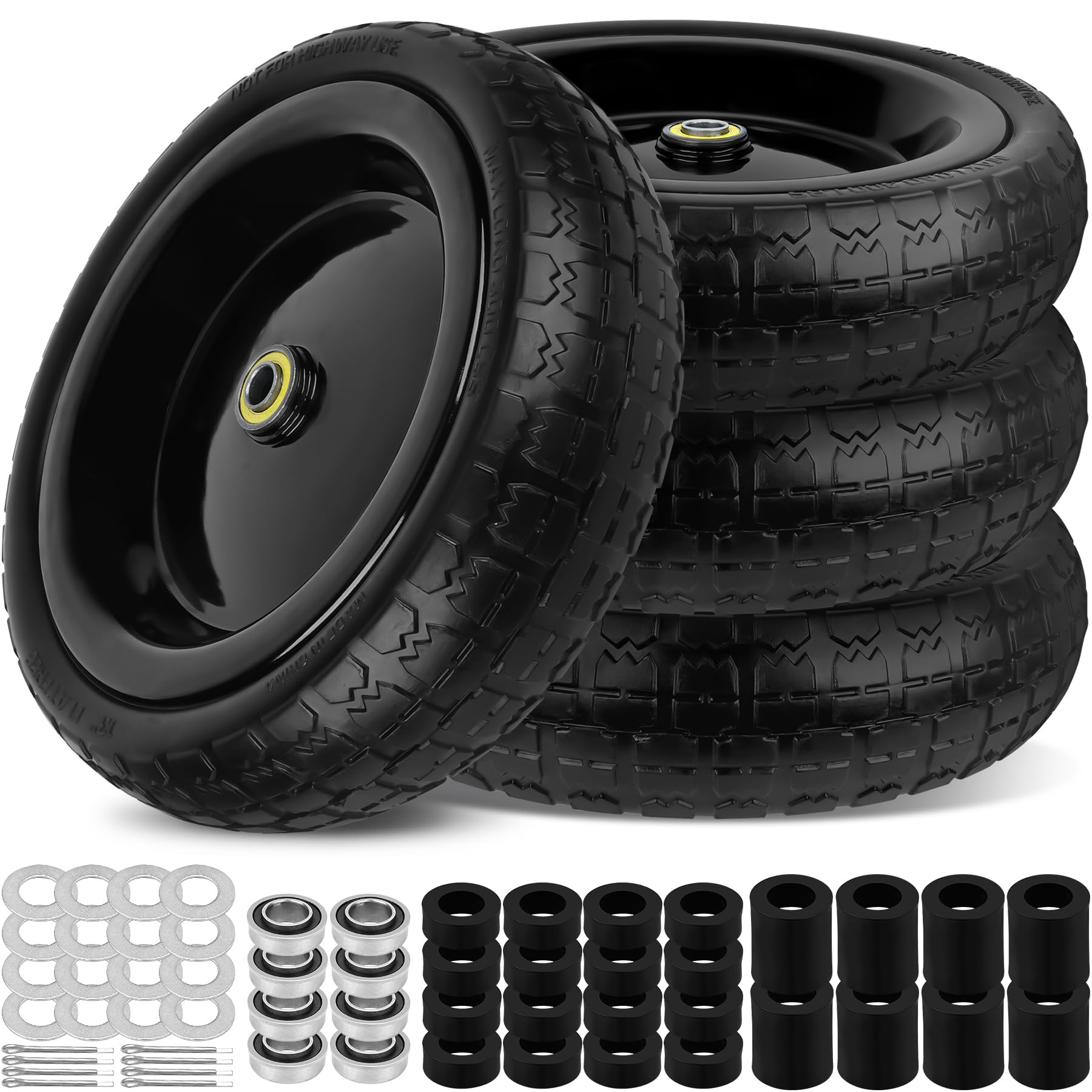 Ruedas planas de 13 pulgadas Gorilla Cart Neumáticos 4.00-6 de repuesto sólido con agujero universal de eje de 5/8 pulgadas, espaciadores y pines, para carretilla, carro de jardín, carretilla de mano,