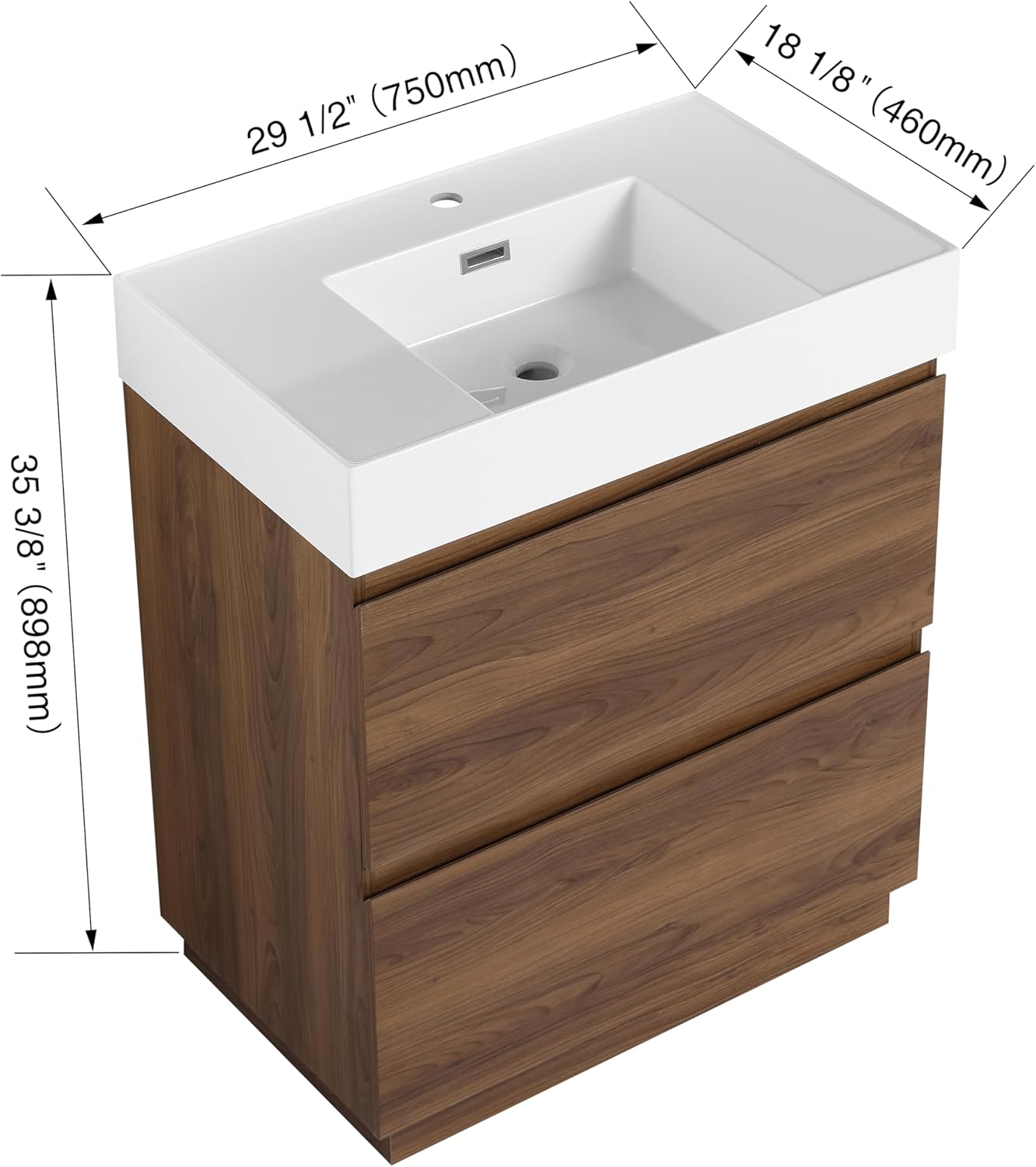 30 Inch Bathroom Vanity with Sink with 2 Drawers, Undermount Single Sink Bathroom Vanity, Freestanding Small Bathroom Vanity with Sink, Engineering Wood, Integrated Sink(Walnut)