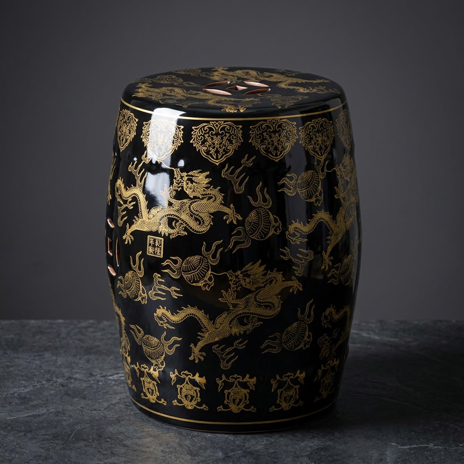 Ceramiczny stołek ogrodowy - stołek perkusyjny Chinoiserie w kolorze czarno-złotym, podnóżek z błyszczącej czarnej glazurowanej porcelany i stolik końcowy do salonu, patio