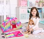 ZITA ELEMENT 7 Items Fashion Doll Camping Tent Set for American 18 Inch Doll Accessories - Including 18 Inch Doll Camping Tent, Sleeping Bag, Clothes Set, Shoes, Camera, Eye Glasses and Toy Dog