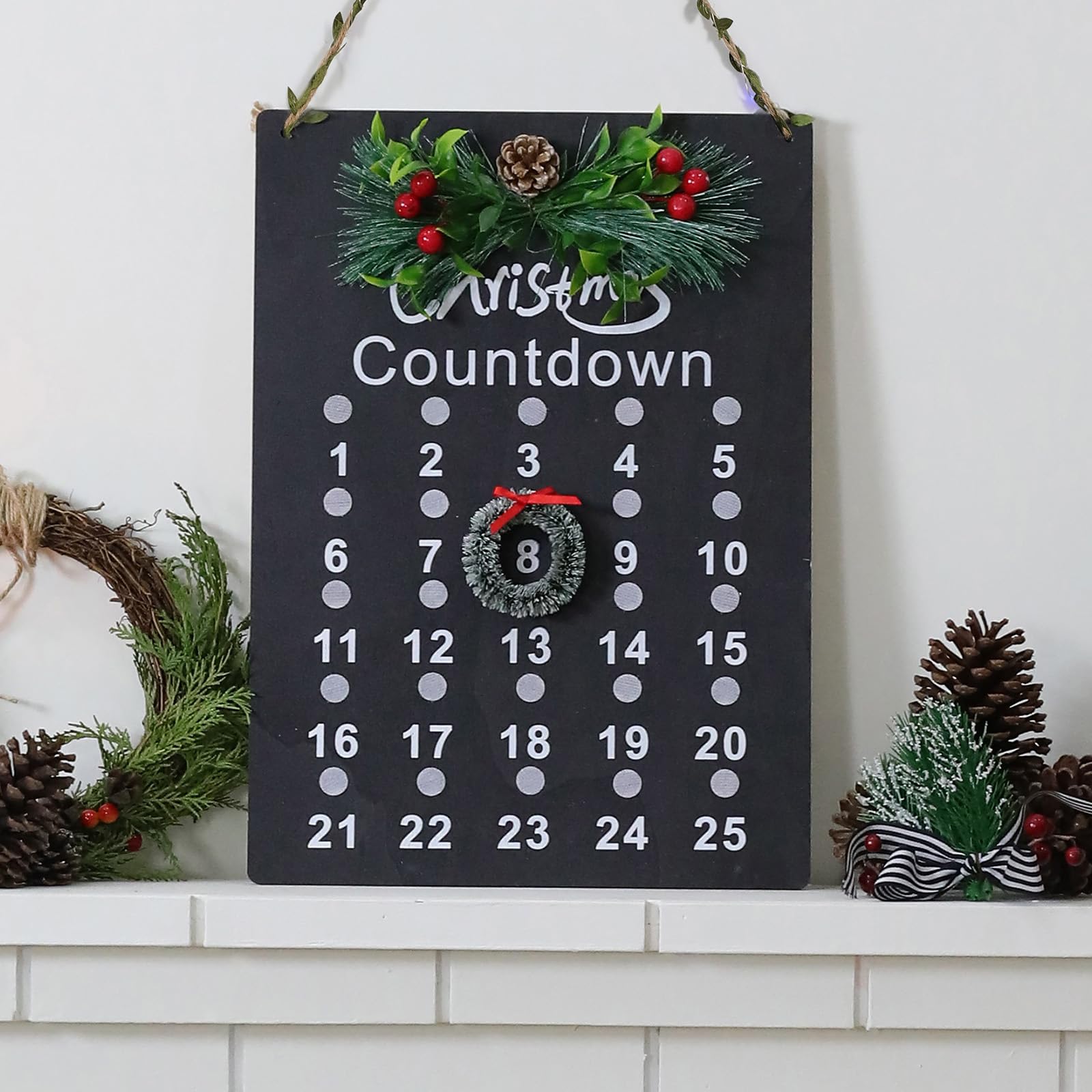 Christmas Countdown Calendar Hanging Wooden Wreath Advent Calendar LED Light UP 25 Days of Xmas Countdown Home Deco Christmas Sign Holiday Gift (16.5 x 11.8in) (Black)