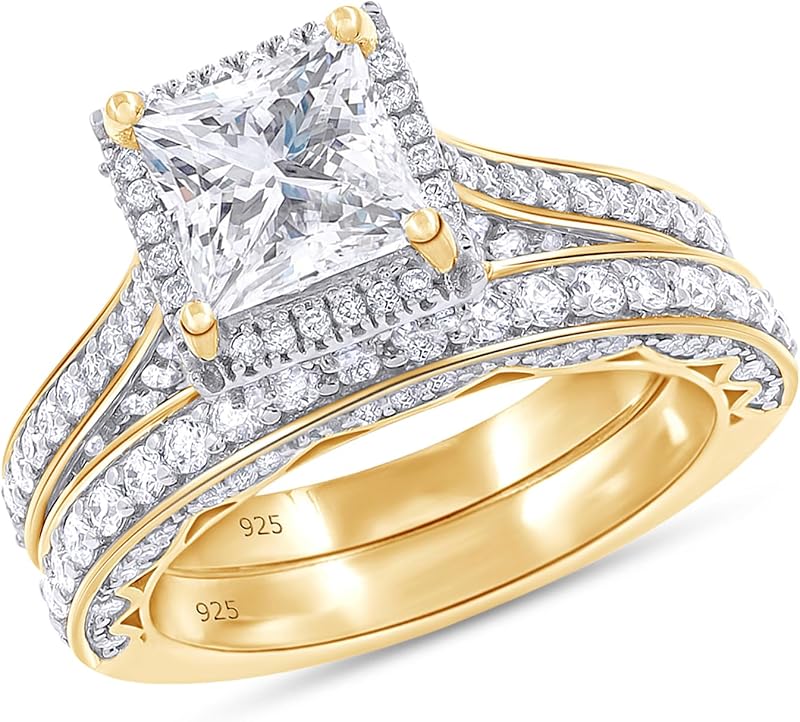 6MM Center Halo Princess Cut Bridal Set Engagement Ring for Women, 2 CT