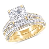 Wishrocks 6MM Center Princess Cut Bridal Set Ring 2 Cttw Lab Created Moissanite Halo Engagement Wedding Ring For Women In 14K Gold Plated Sterling Silver &lpar;Clarity-VVS1&rpar;