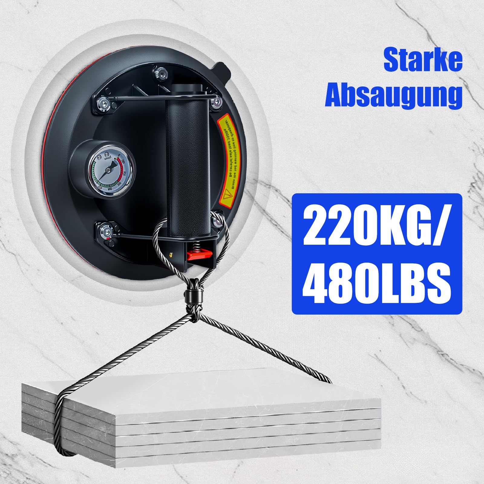 2er-Set Saugheber Glassauger mit Manometer|Tragkraft Max.220KG,Vakuum Saugheber Fliesen Glasheber mit Tragbarer Werkzeugkasten,Saugheber für Glas,Fliesen,Marmor
