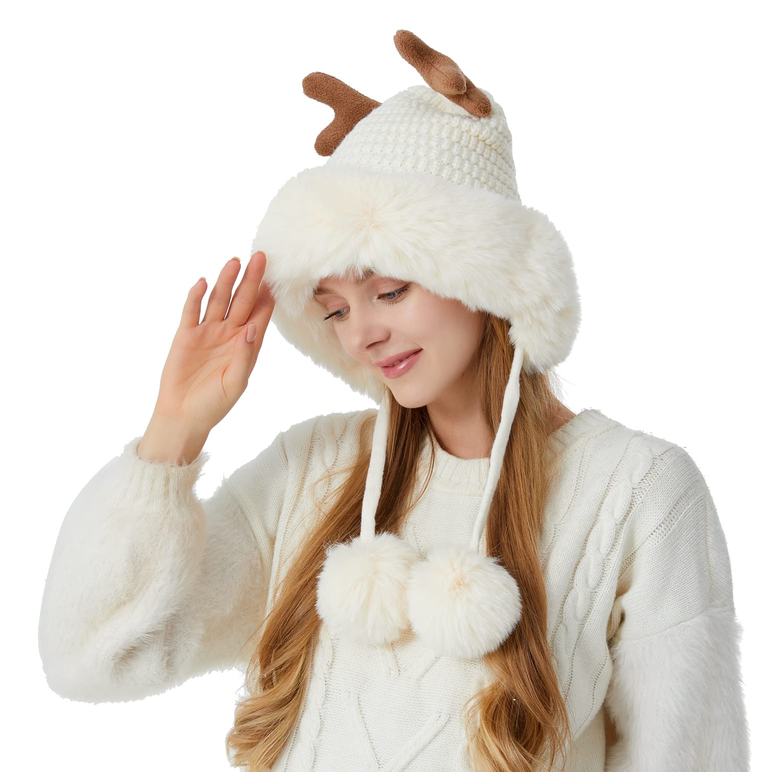 HUAMULAN Women Winter Beanie Hat Ear Flap Peruvian Warm Slouchy Fleece Lined Pompoms Knit Cap Sherpa Ski Snow Hats