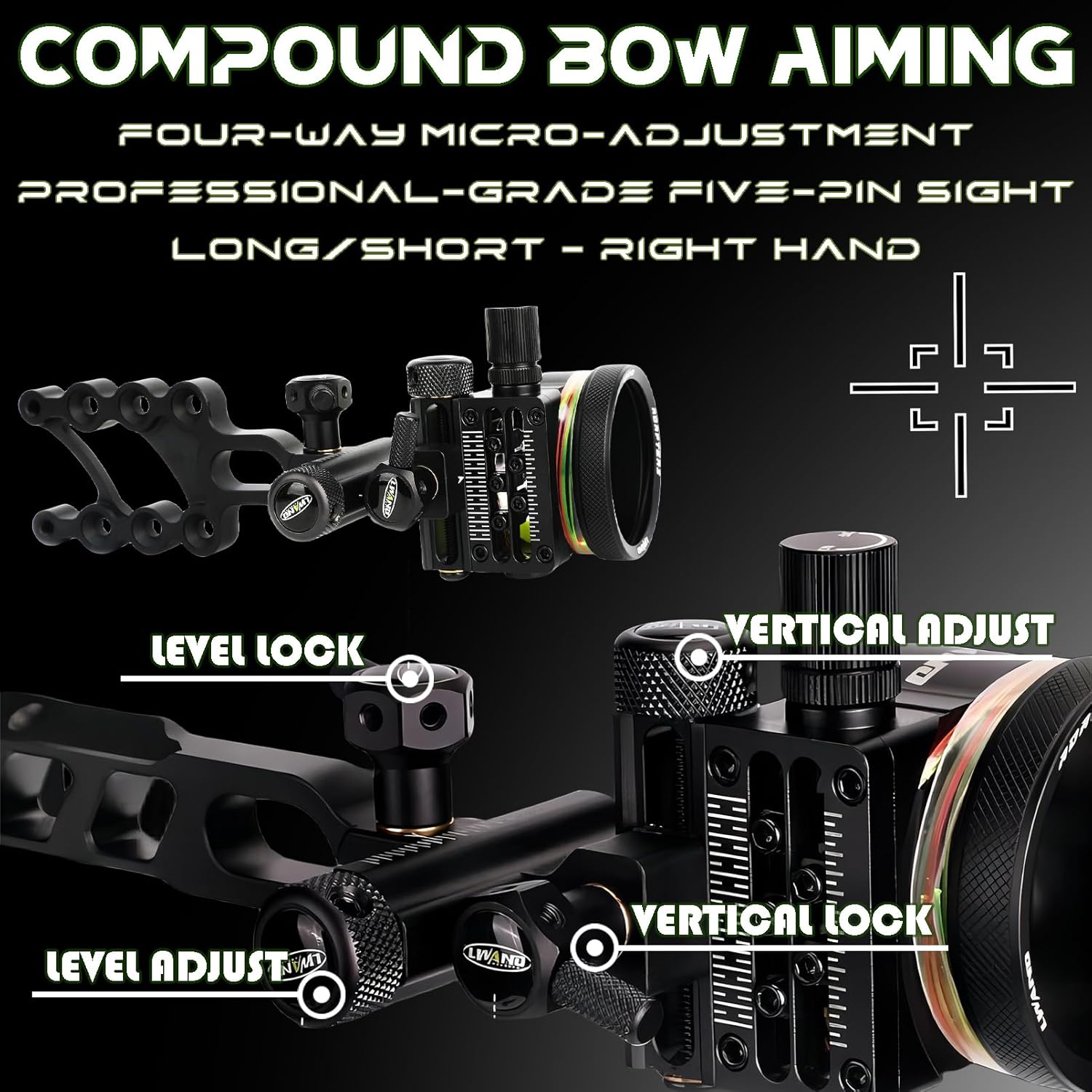 Precise Compound Bow Sight - 5-Pin Bow Sights for Compound Bows, 0.019" Pins CNC Aluminum, Anti-Glare Design‌ for Right Hand Hunters Outdoor Hunting
