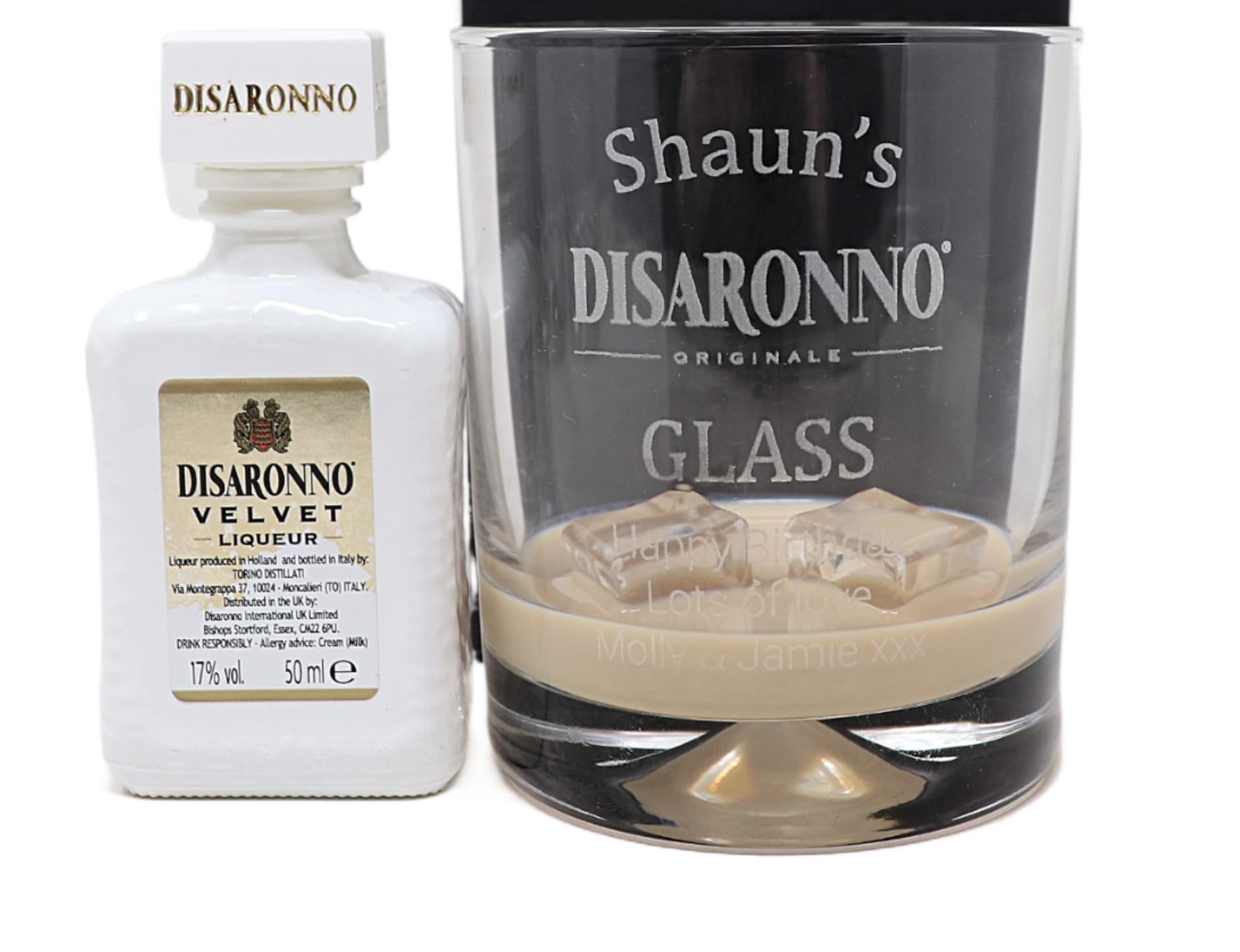 Personalised Dimple Glass Tumbler & Miniature - Disaronno Design (No Gift Box, Disaronno Velvet Liqueur)