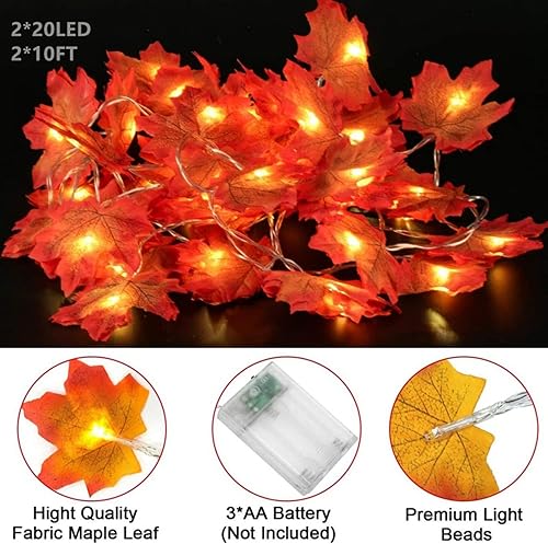 Miniatura 3 de Guirnalda de otoño con luces, guirnalda de luces de Acción de Gracias, paquete de 2 unidades, total de 20 pies y 40 luces LED de hojas de arce que