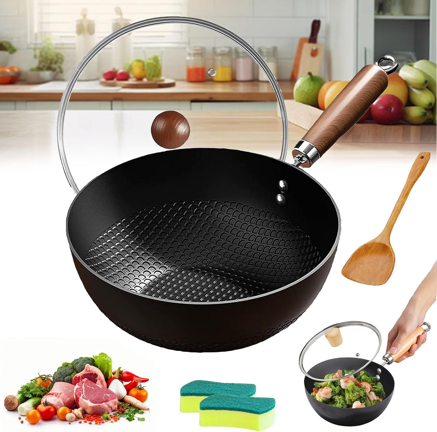 Madridwind Fish Scale Pattern Flat Bottom Non-stick Pan, 2025 New Uncoated Non-stick Household Cooking Pan with Lid, Handmade Round Cooking Wok for Electric, Induction and Gas Stoves (11.02 inch)